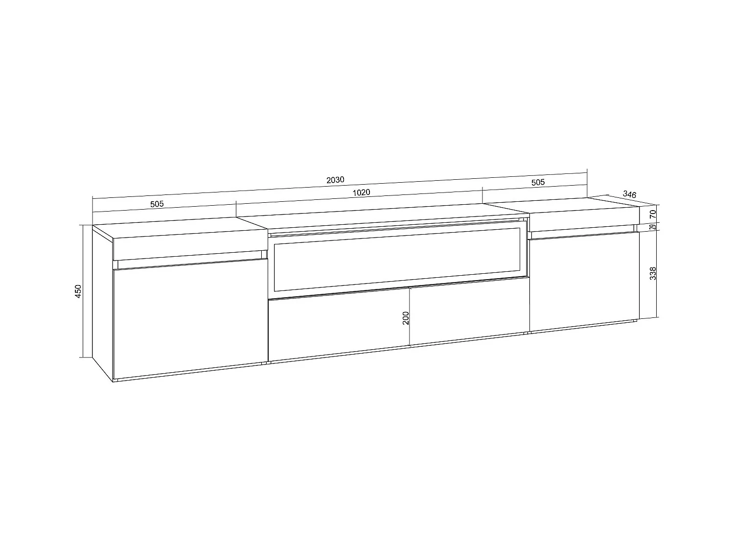 Meuble TV, Banc Télé, 200x35x45cm, Pour les TV jusqu'à 80", Cheminée électrique, Suspendu, Mural, Blanc et Chêne Soft