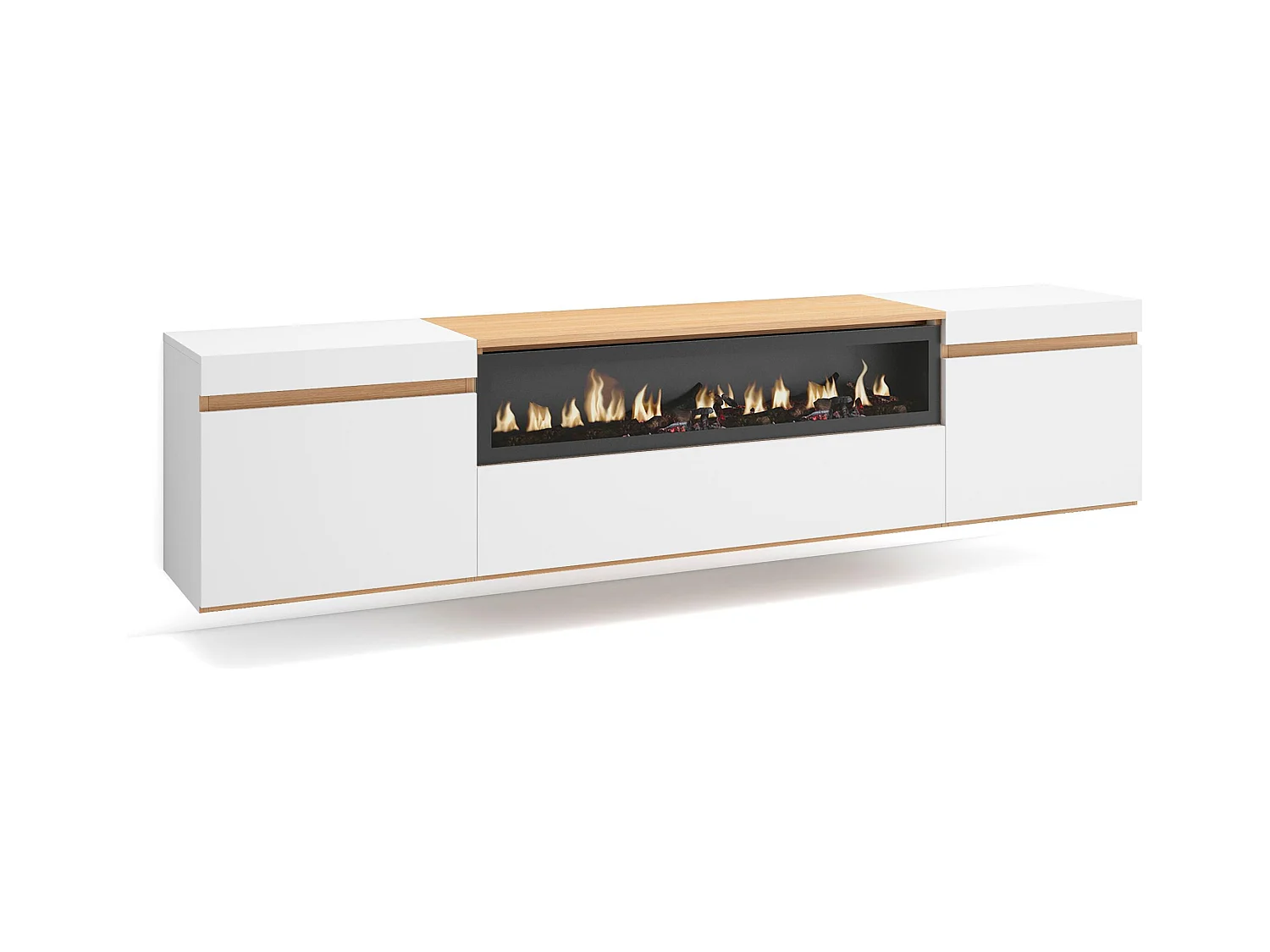Meuble TV, Banc Télé, 200x35x45cm, Pour les TV jusqu'à 80", Cheminée électrique, Suspendu, Mural, Blanc et Chêne Soft