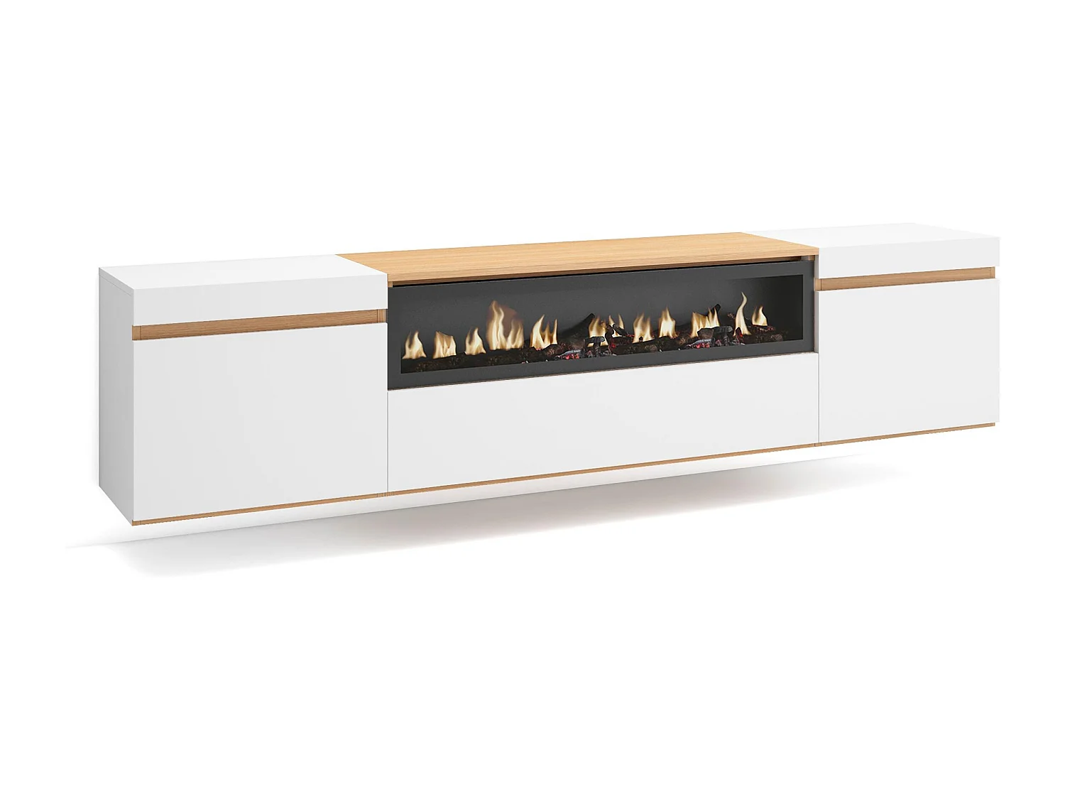 TV-Meubel, Lowboard, 200x45x35cm, Voor tv's tot 80", Elektrische haard, Hangend, Wit en Eiken soft