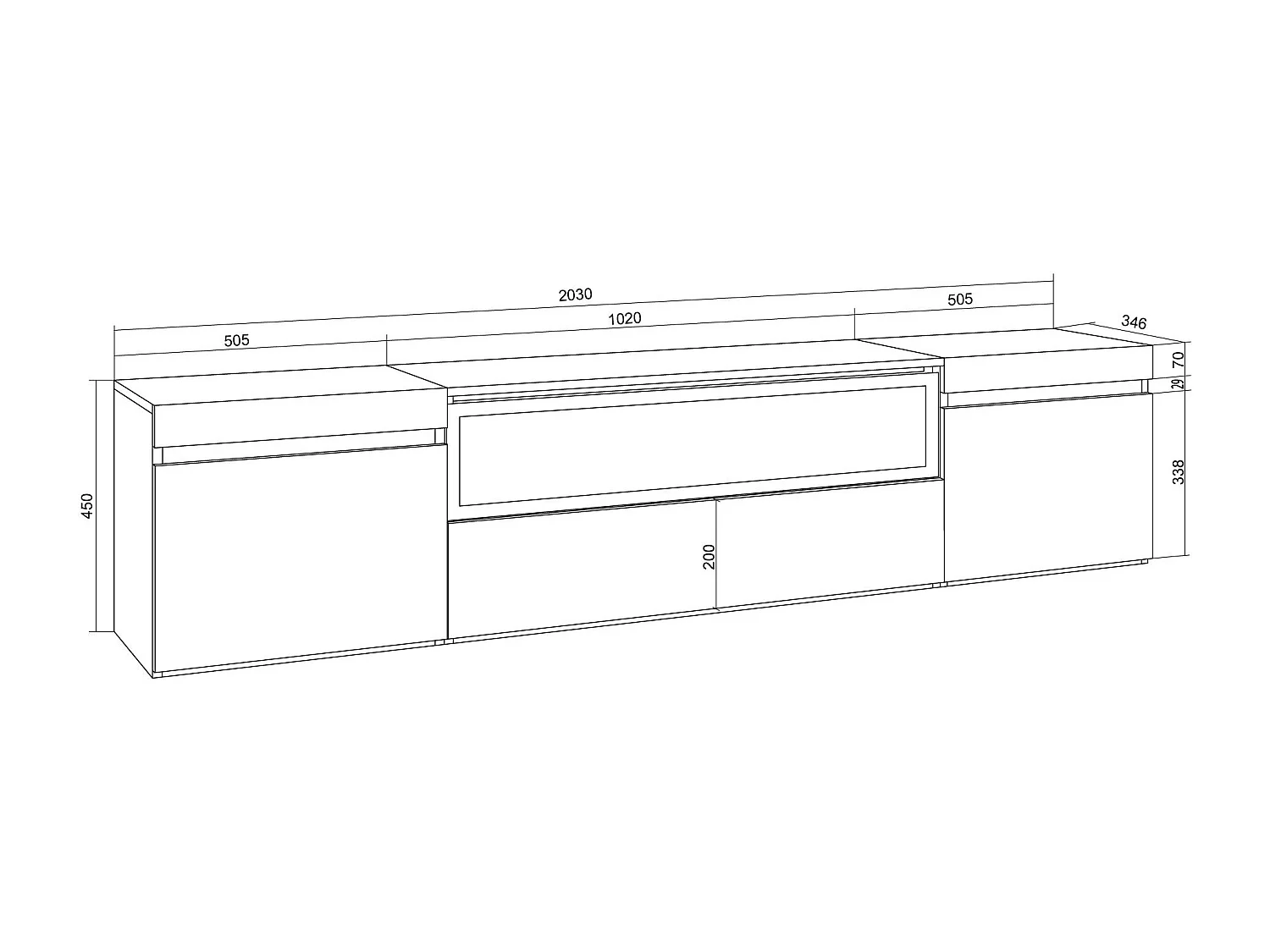 TV-Meubel, Lowboard, 200x45x35cm, Voor tv's tot 80", Elektrische haard, Hangend, Wit en Eiken soft