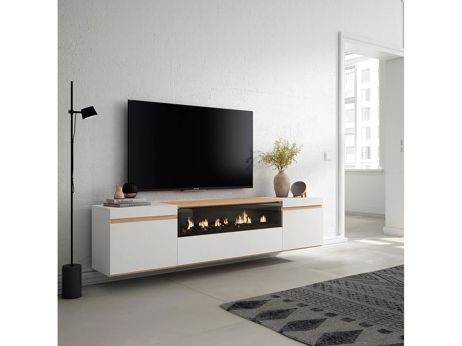 Meuble TV, Banc Télé, 200x35x45cm, Pour les TV jusqu'à 80", Cheminée électrique, Suspendu, Mural, Blanc et Chêne Soft