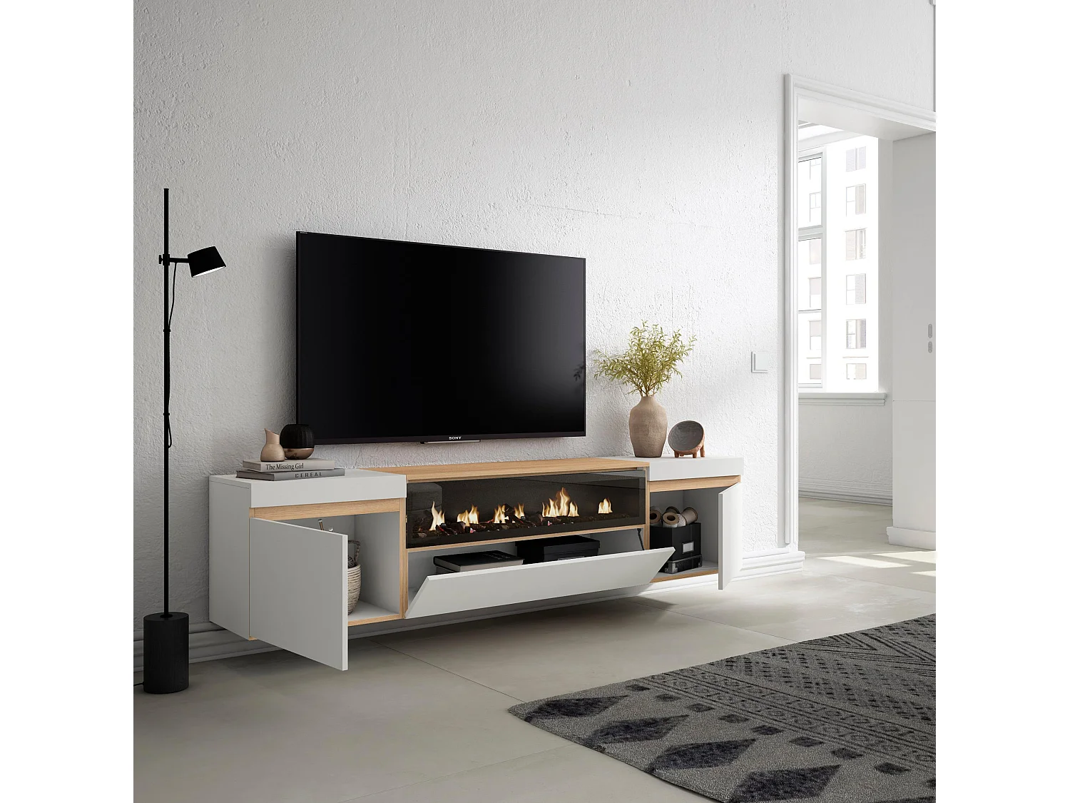 Meuble TV, Banc Télé, 200x35x45cm, Pour les TV jusqu'à 80", Cheminée électrique, Suspendu, Mural, Blanc et Chêne Soft