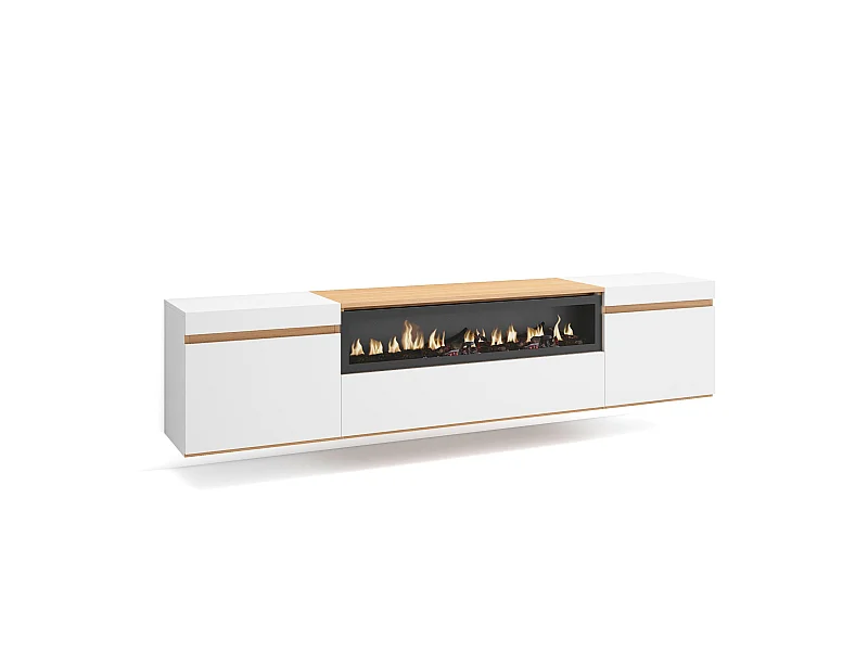 Mobile TV Soggiorno, 200x35x45cm, Per TV fino a 80", Camino elettrico, Sospeso, da appendere, Bianco e Rovere soft