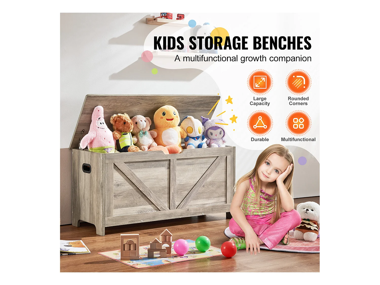 Coffre à jouets en Bois, Banc de Rangement pour Jouets pour Enfants Coffre à Jouets  99x39,5x48 cm Gris
