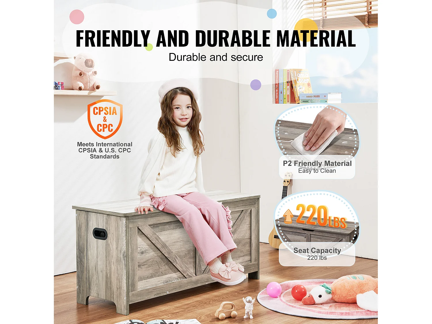 Coffre à jouets en Bois, Banc de Rangement pour Jouets pour Enfants Coffre à Jouets  99x39,5x48 cm Gris