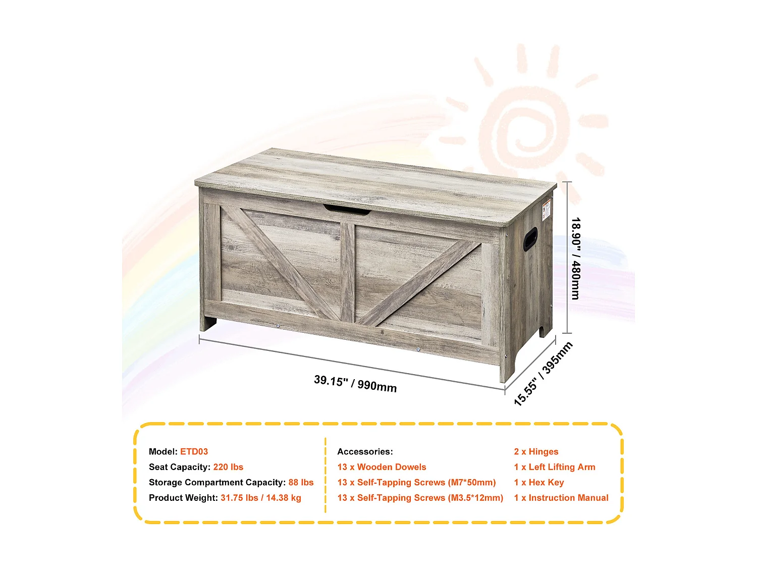 Coffre à jouets en Bois, Banc de Rangement pour Jouets pour Enfants Coffre à Jouets  99x39,5x48 cm Gris