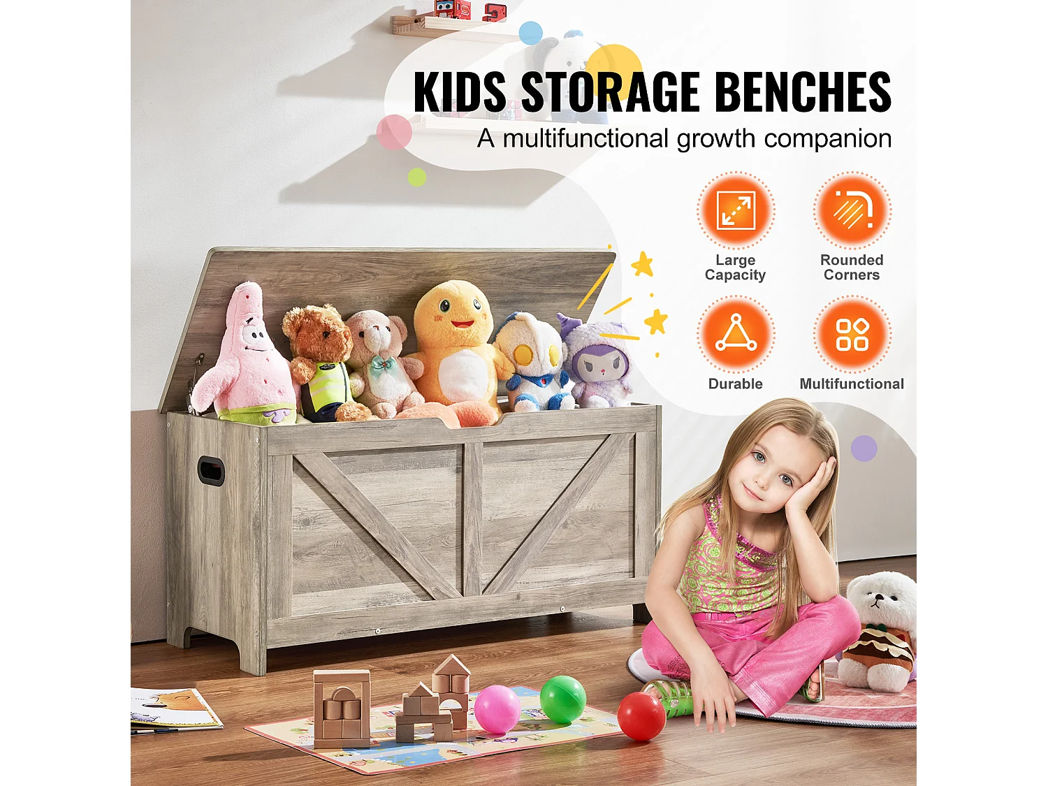 Coffre à jouets en Bois, Banc de Rangement pour Jouets pour Enfants Coffre à Jouets  99x39,5x48 cm Gris