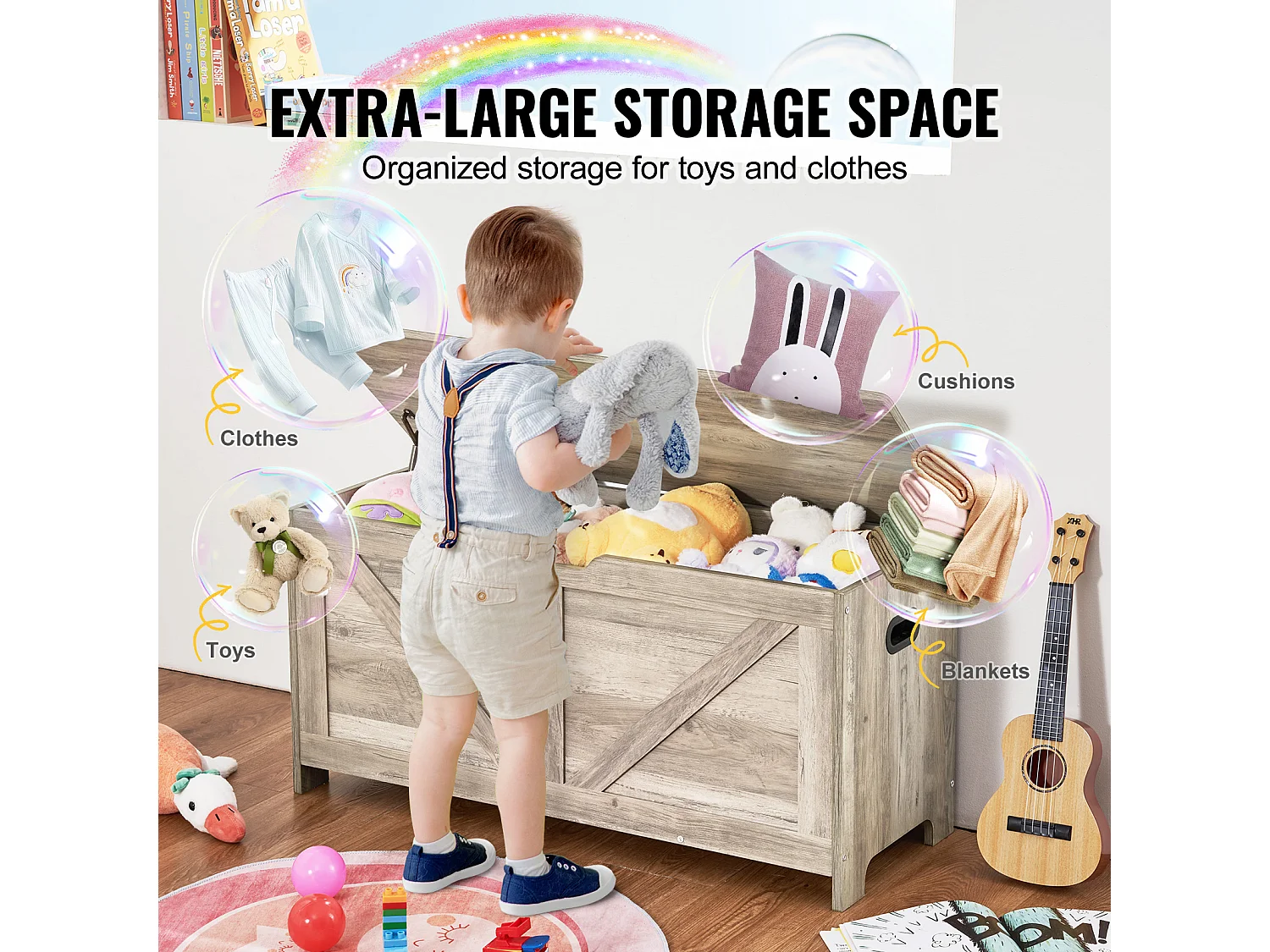 Coffre à jouets en Bois, Banc de Rangement pour Jouets pour Enfants Coffre à Jouets  99x39,5x48 cm Gris