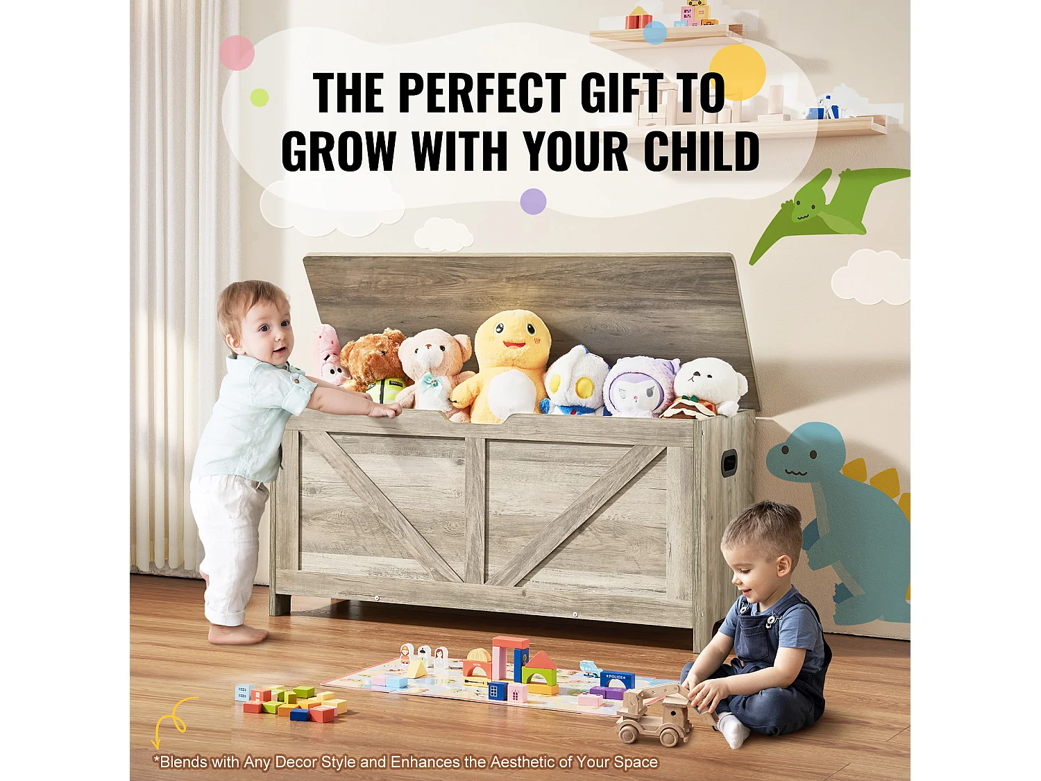 Coffre à jouets en Bois, Banc de Rangement pour Jouets pour Enfants Coffre à Jouets  99x39,5x48 cm Gris