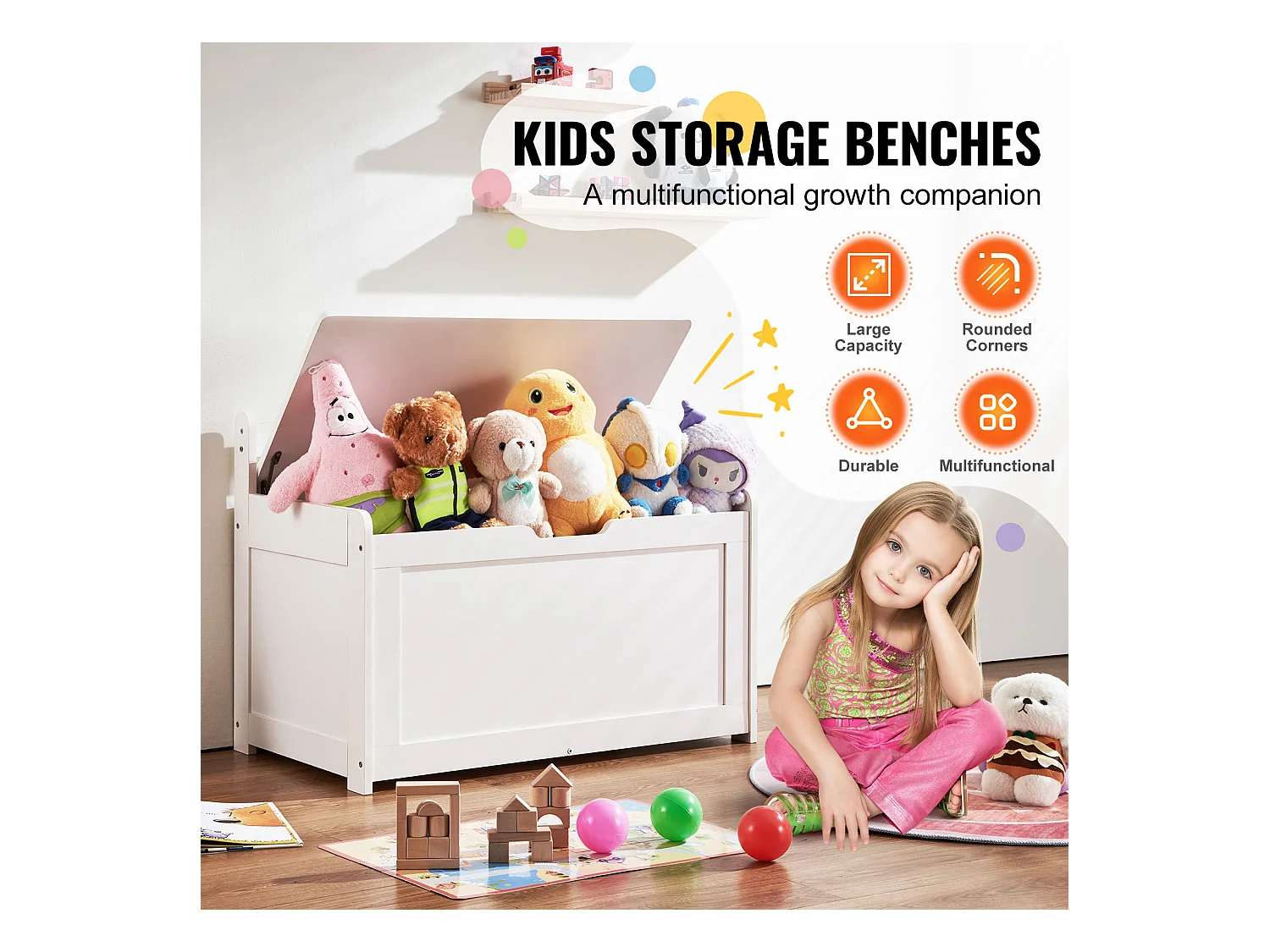 Banc de Rangement SucceBuy pour Jouets pour Enfants Coffre à Jouets en Bois 83x45,5x60,9 cm Blanc