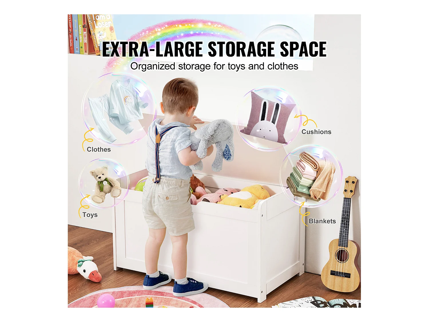 Banc de Rangement SucceBuy pour Jouets pour Enfants Coffre à Jouets en Bois 83x45,5x60,9 cm Blanc