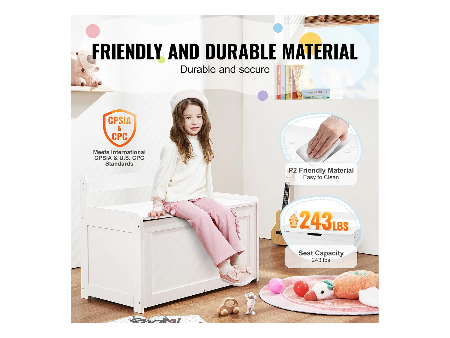 Banc de Rangement SucceBuy pour Jouets pour Enfants Coffre à Jouets en Bois 83x45,5x60,9 cm Blanc