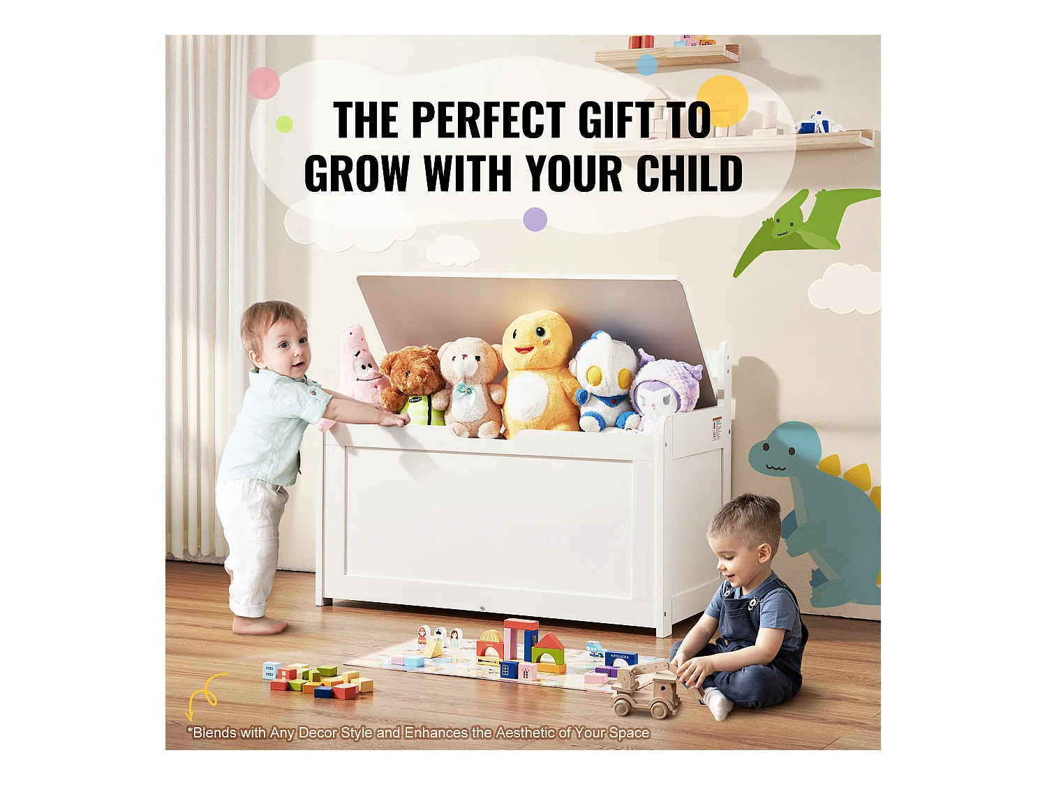 Banc de Rangement SucceBuy pour Jouets pour Enfants Coffre à Jouets en Bois 83x45,5x60,9 cm Blanc