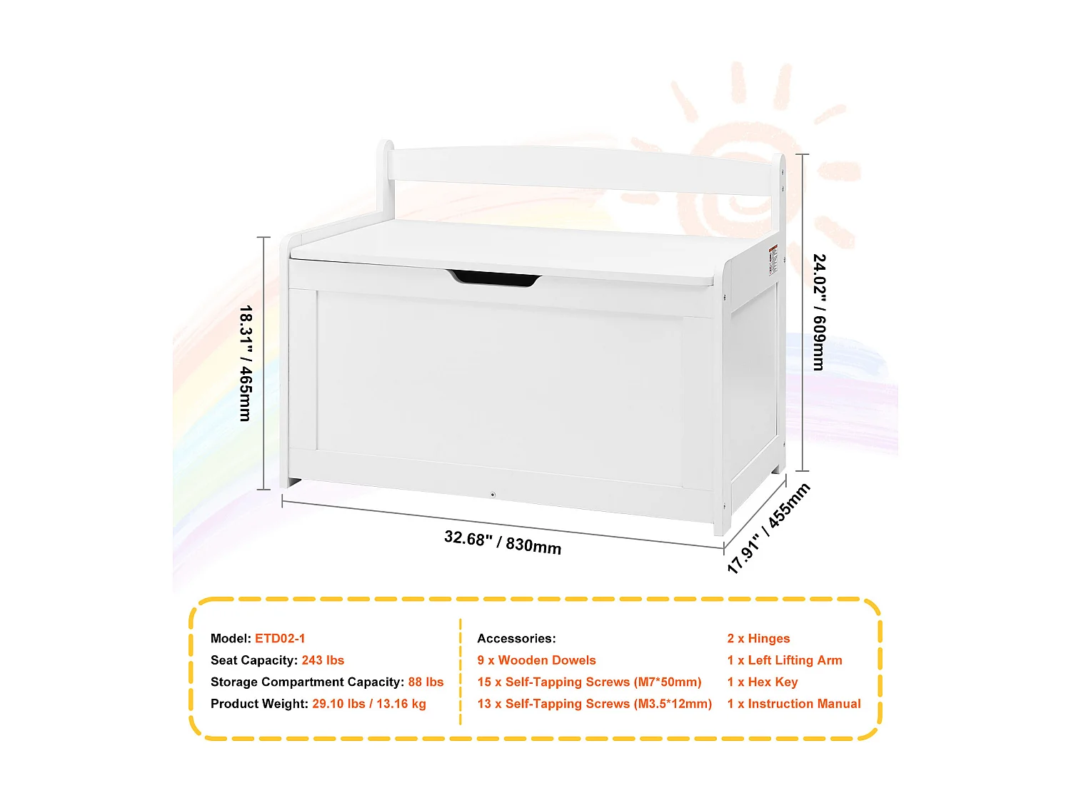 Banc de Rangement SucceBuy pour Jouets pour Enfants Coffre à Jouets en Bois 83x45,5x60,9 cm Blanc