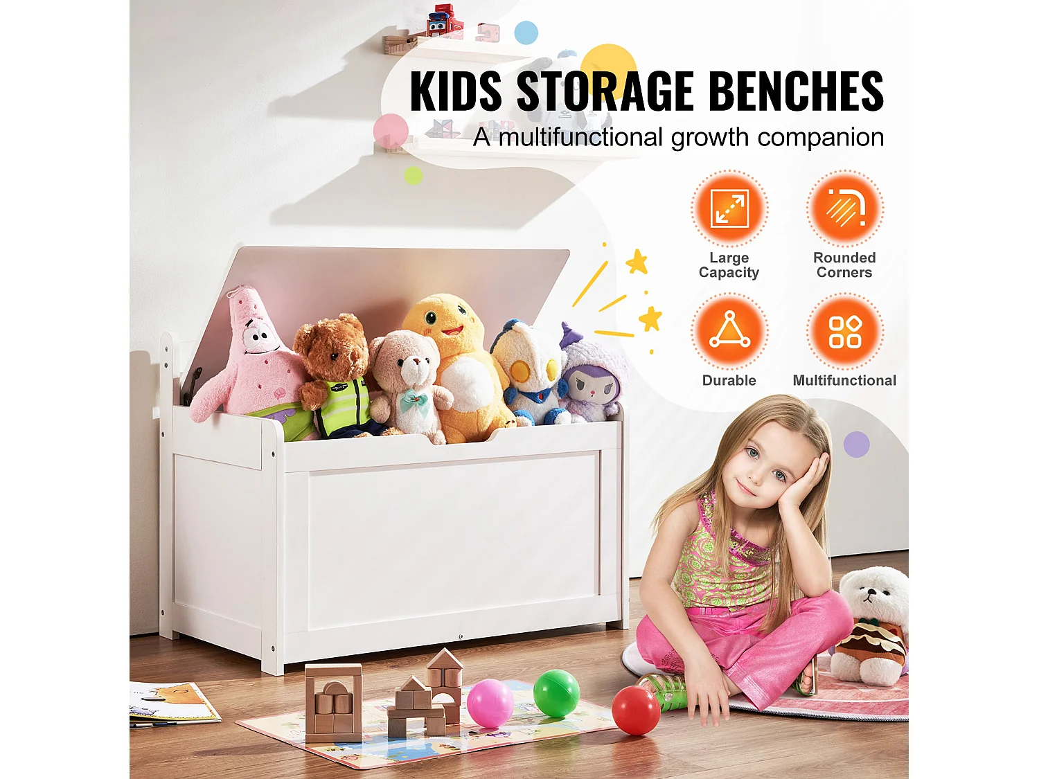 Banc de Rangement SucceBuy pour Jouets pour Enfants Coffre à Jouets en Bois 83x45,5x60,9 cm Blanc