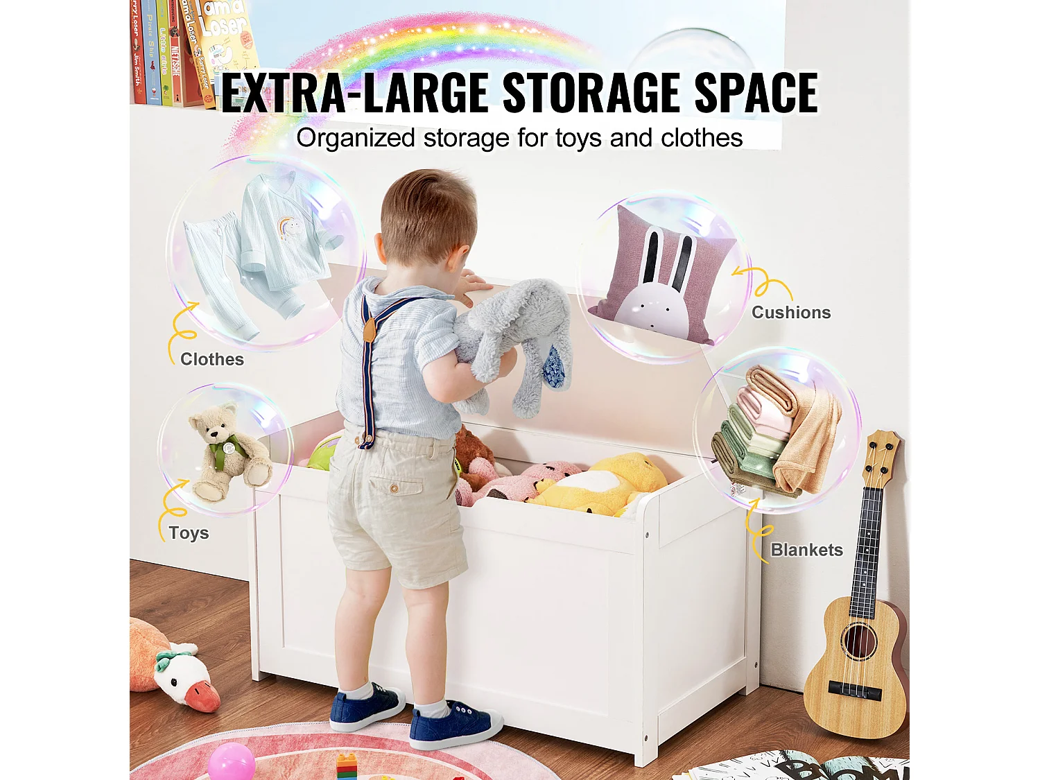 Banc de Rangement SucceBuy pour Jouets pour Enfants Coffre à Jouets en Bois 83x45,5x60,9 cm Blanc