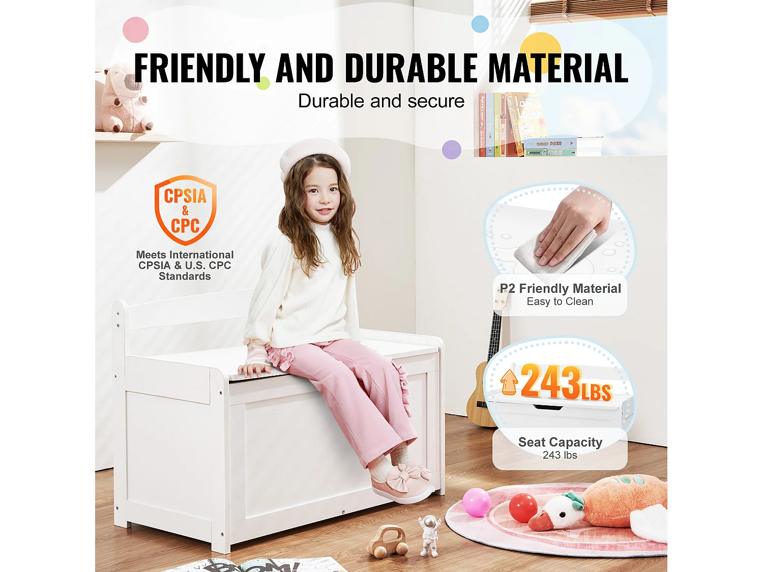 Banc de Rangement SucceBuy pour Jouets pour Enfants Coffre à Jouets en Bois 83x45,5x60,9 cm Blanc