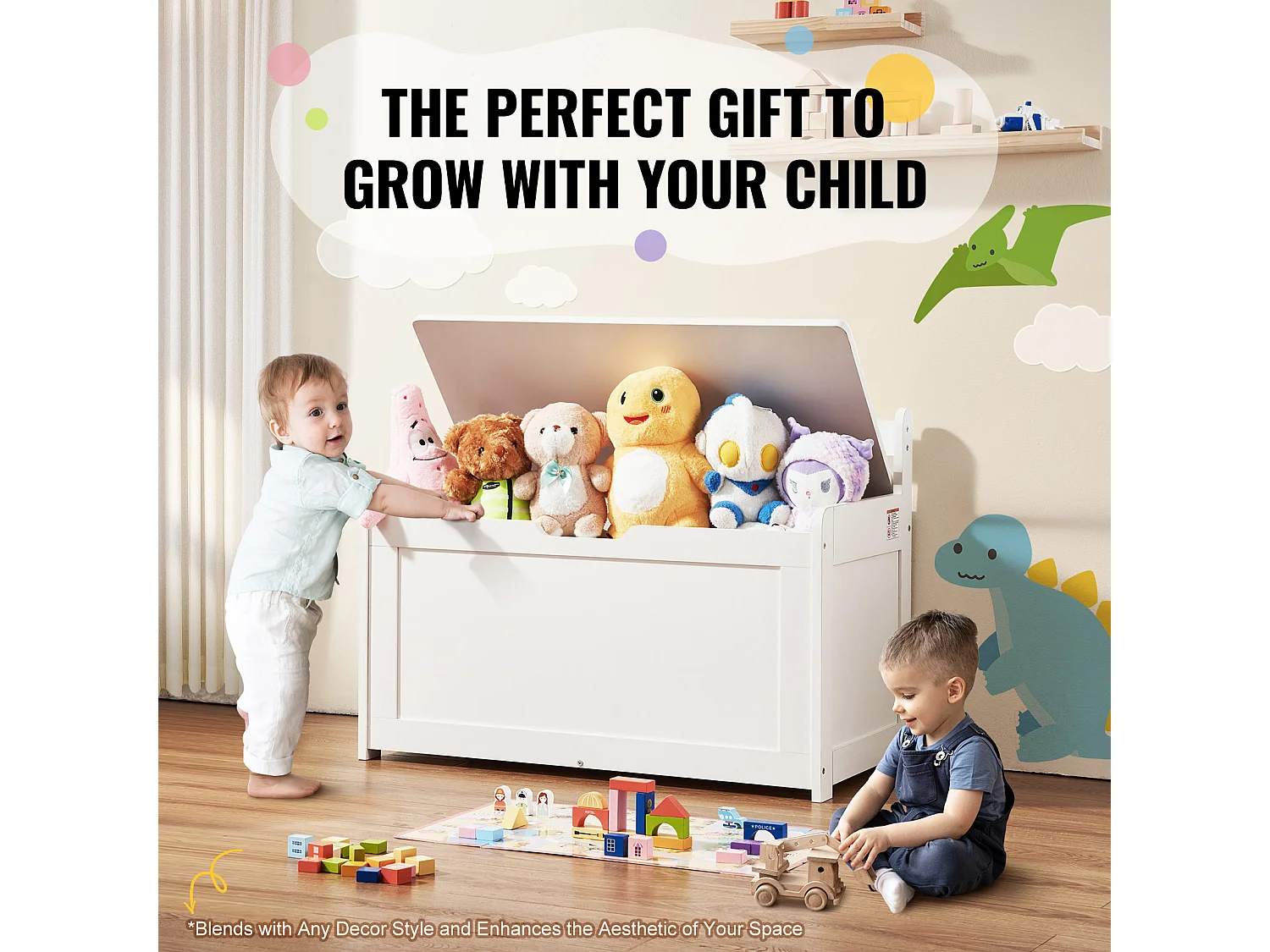 Banc de Rangement SucceBuy pour Jouets pour Enfants Coffre à Jouets en Bois 83x45,5x60,9 cm Blanc