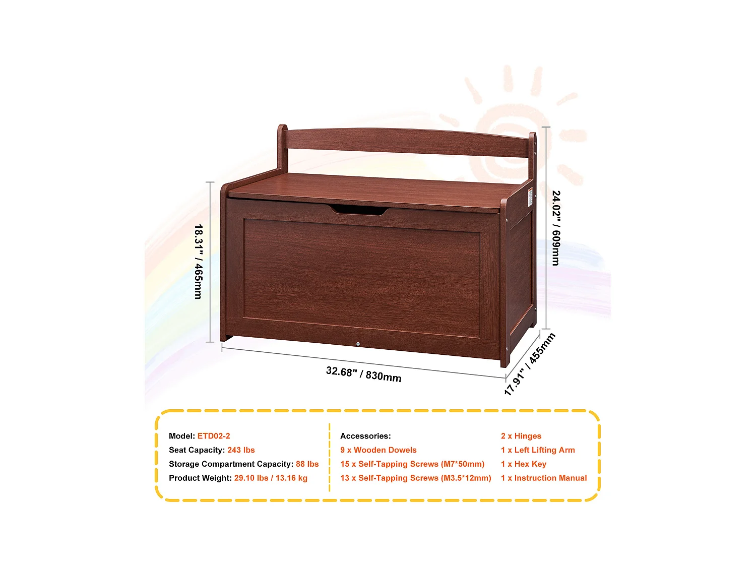 Banc de Rangement SucceBuy pour Jouets pour Enfants Coffre à Jouets en Bois 83x45,5x60,9 cm Cerisier