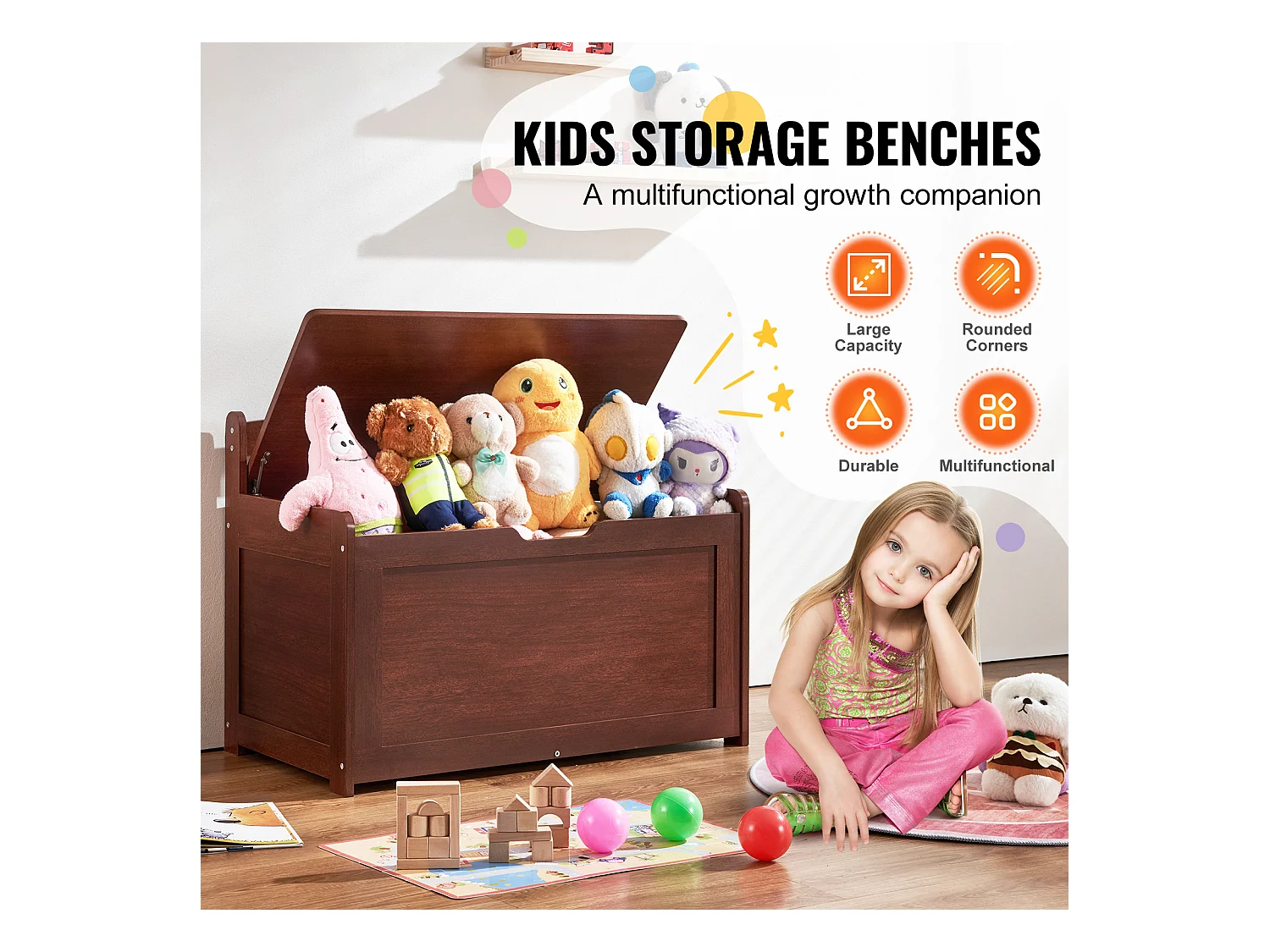 Banc de Rangement SucceBuy pour Jouets pour Enfants Coffre à Jouets en Bois 83x45,5x60,9 cm Cerisier