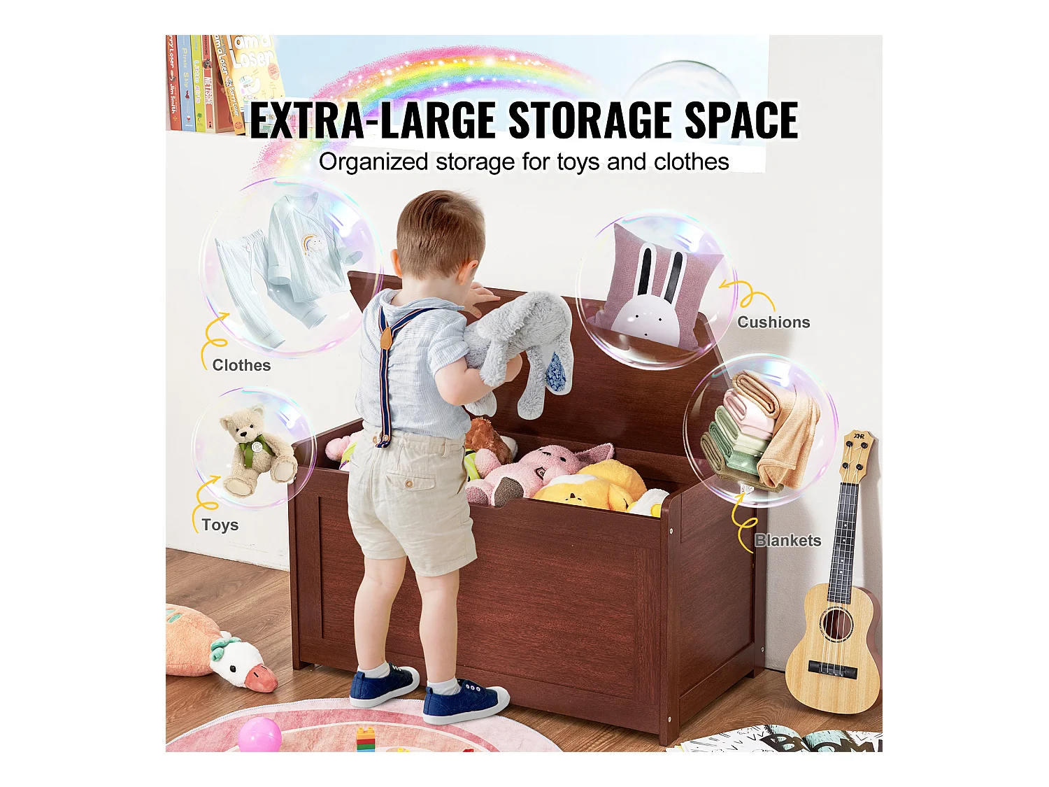 Banc de Rangement SucceBuy pour Jouets pour Enfants Coffre à Jouets en Bois 83x45,5x60,9 cm Cerisier