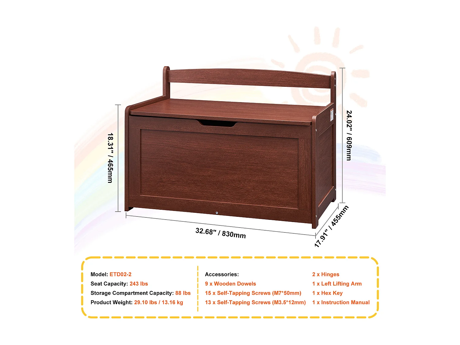 Banc de Rangement SucceBuy pour Jouets pour Enfants Coffre à Jouets en Bois 83x45,5x60,9 cm Cerisier