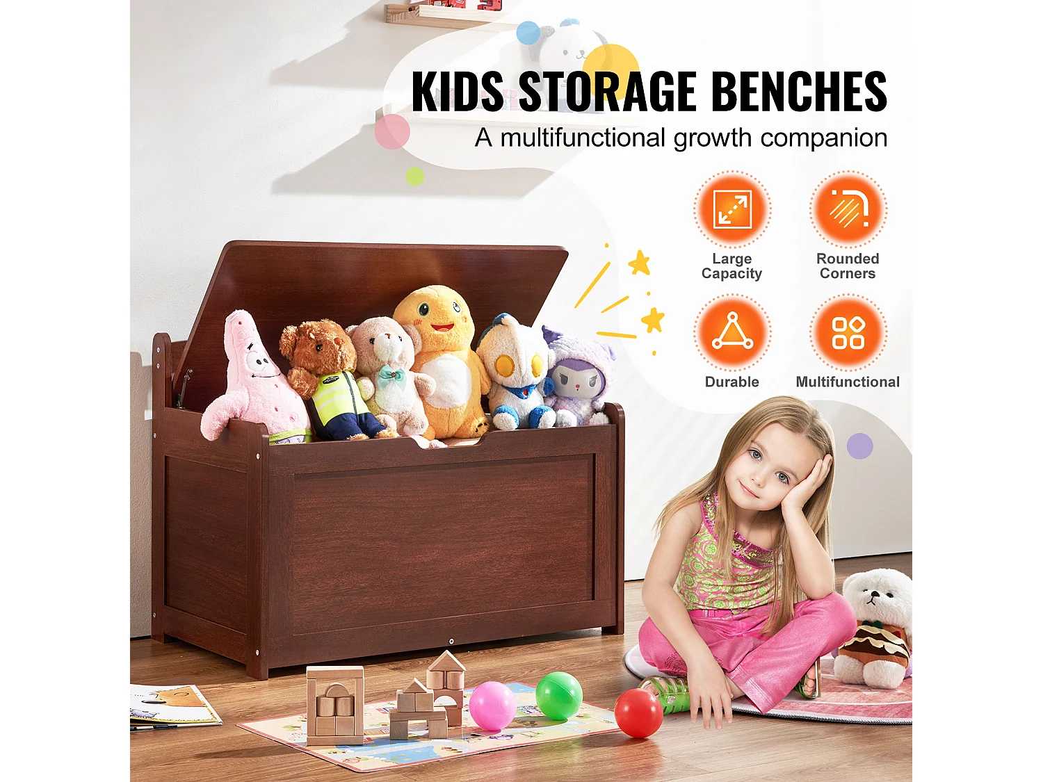 Banc de Rangement SucceBuy pour Jouets pour Enfants Coffre à Jouets en Bois 83x45,5x60,9 cm Cerisier