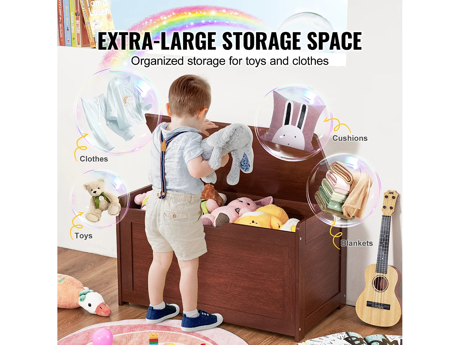 Banc de Rangement SucceBuy pour Jouets pour Enfants Coffre à Jouets en Bois 83x45,5x60,9 cm Cerisier