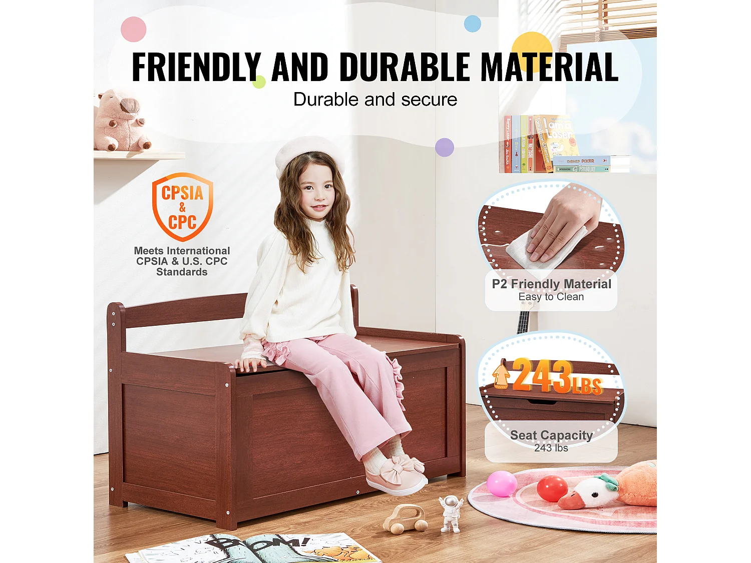 Banc de Rangement SucceBuy pour Jouets pour Enfants Coffre à Jouets en Bois 83x45,5x60,9 cm Cerisier