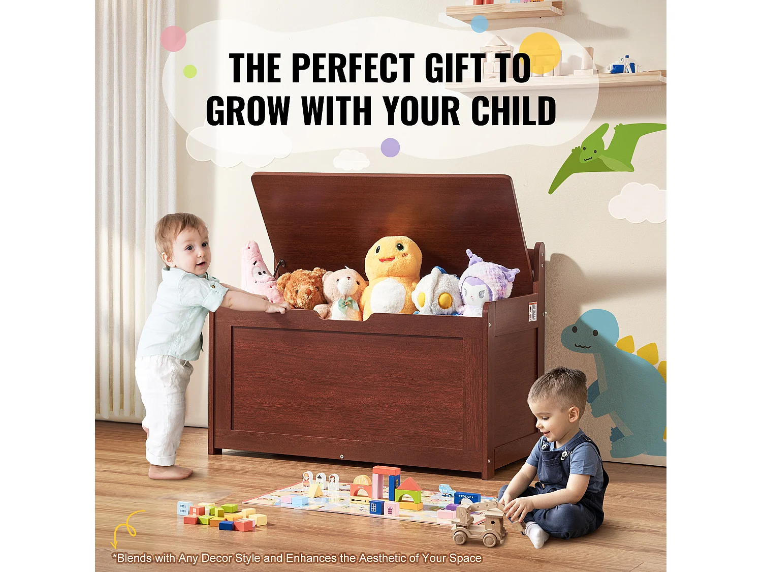 Banc de Rangement SucceBuy pour Jouets pour Enfants Coffre à Jouets en Bois 83x45,5x60,9 cm Cerisier