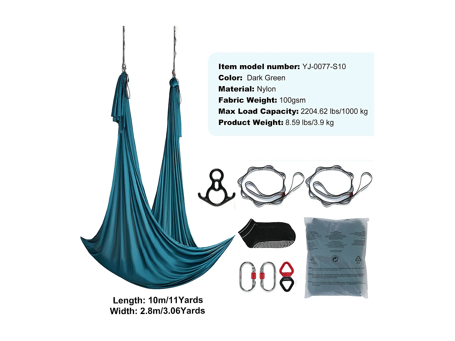 Hamac de Yoga SucceBuy, Balançoire Aérienne en Soie et Yoga, 11 m, Hamac Trapèze pour Inversion, Vert, Kit de Hamac en Tissu Nylon 100 g/m²