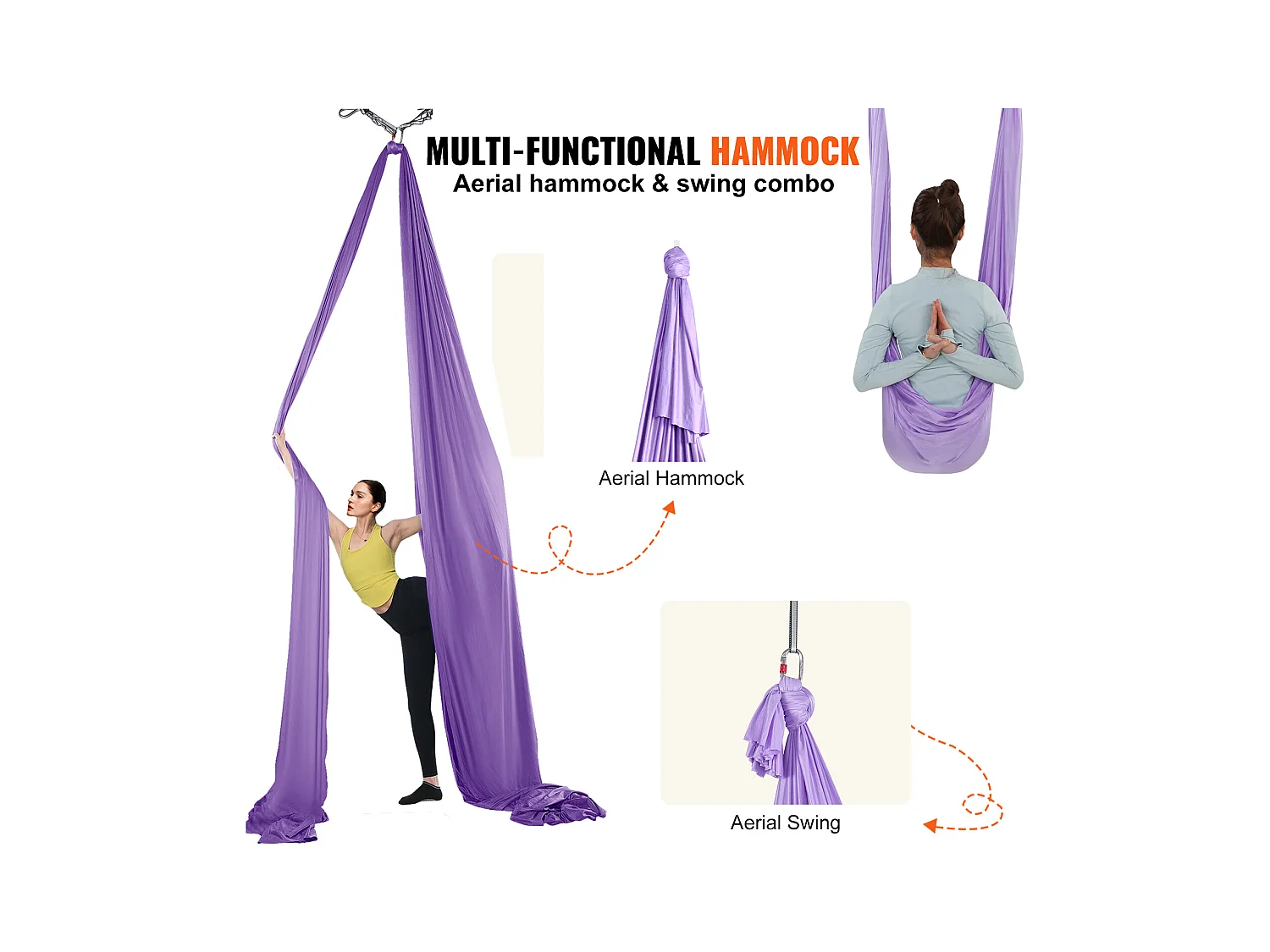 Hamac de Yoga SucceBuy, Hamac et Balançoire de Yoga Aérien, 4,4 m, en Nylon, à Suspendre, Inversion, pour Musculation, Fitness, Violet