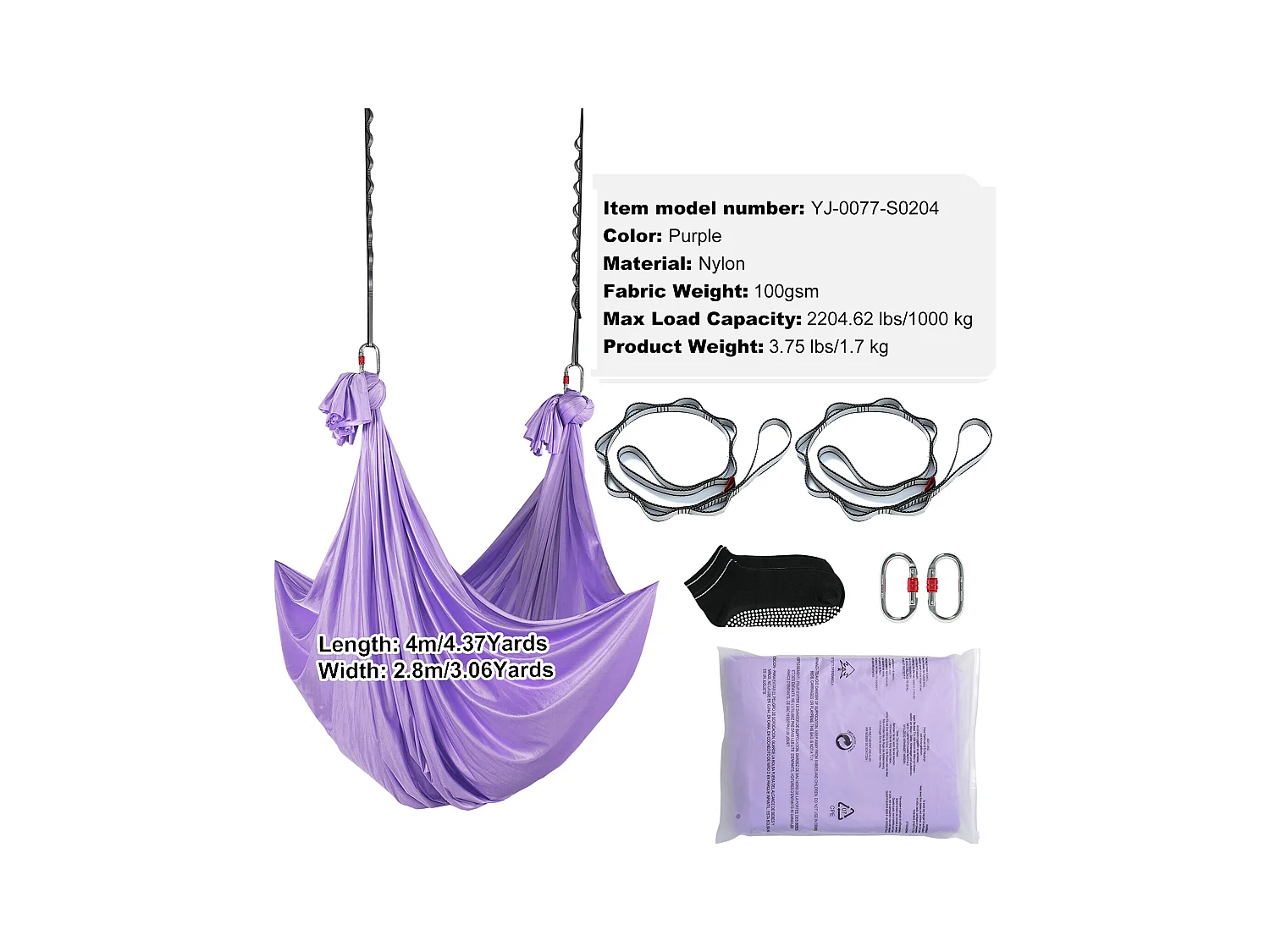 Hamaca de Yoga SucceBuy, Hamaca e Balanço de Yoga Aéreo, 4,4 m, em Nylon, para Suspender, Inversão, para Musculação, Fitness, Roxo