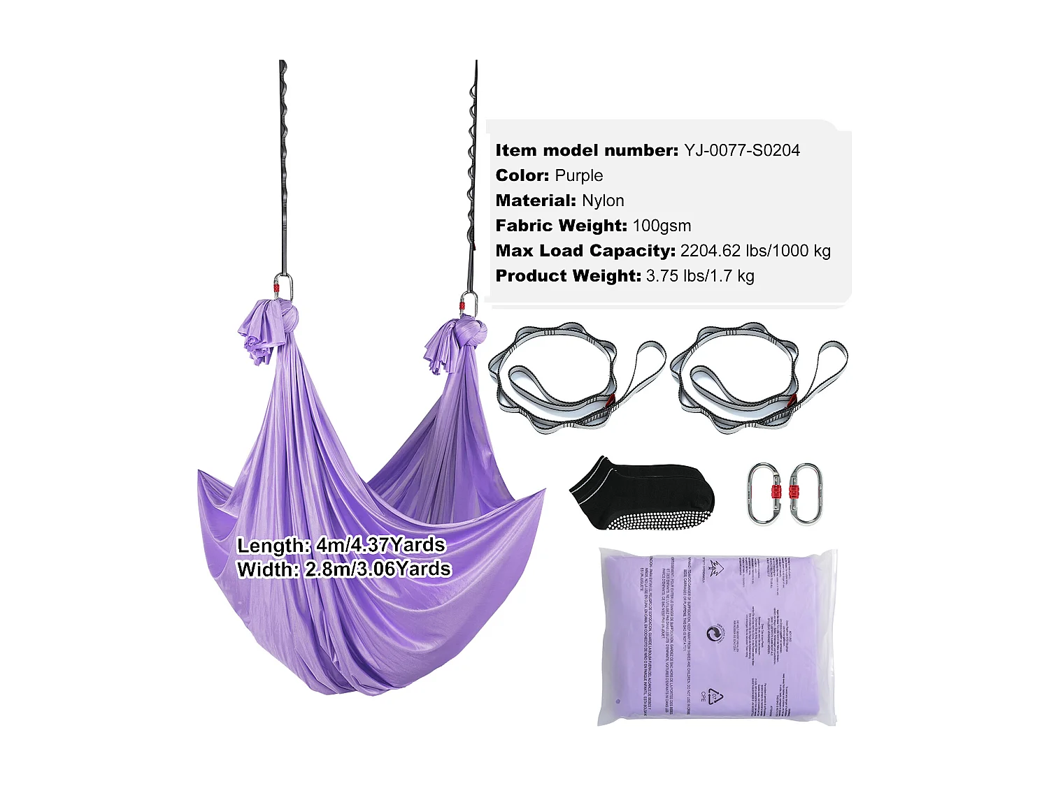 Yogahammock SucceBuy, Hammock en Lucht-Yoga-Schommel, 4,4 m, in Nylon, te Op hangen, Inversie, voor Spieropbouw, Fitness, Viool