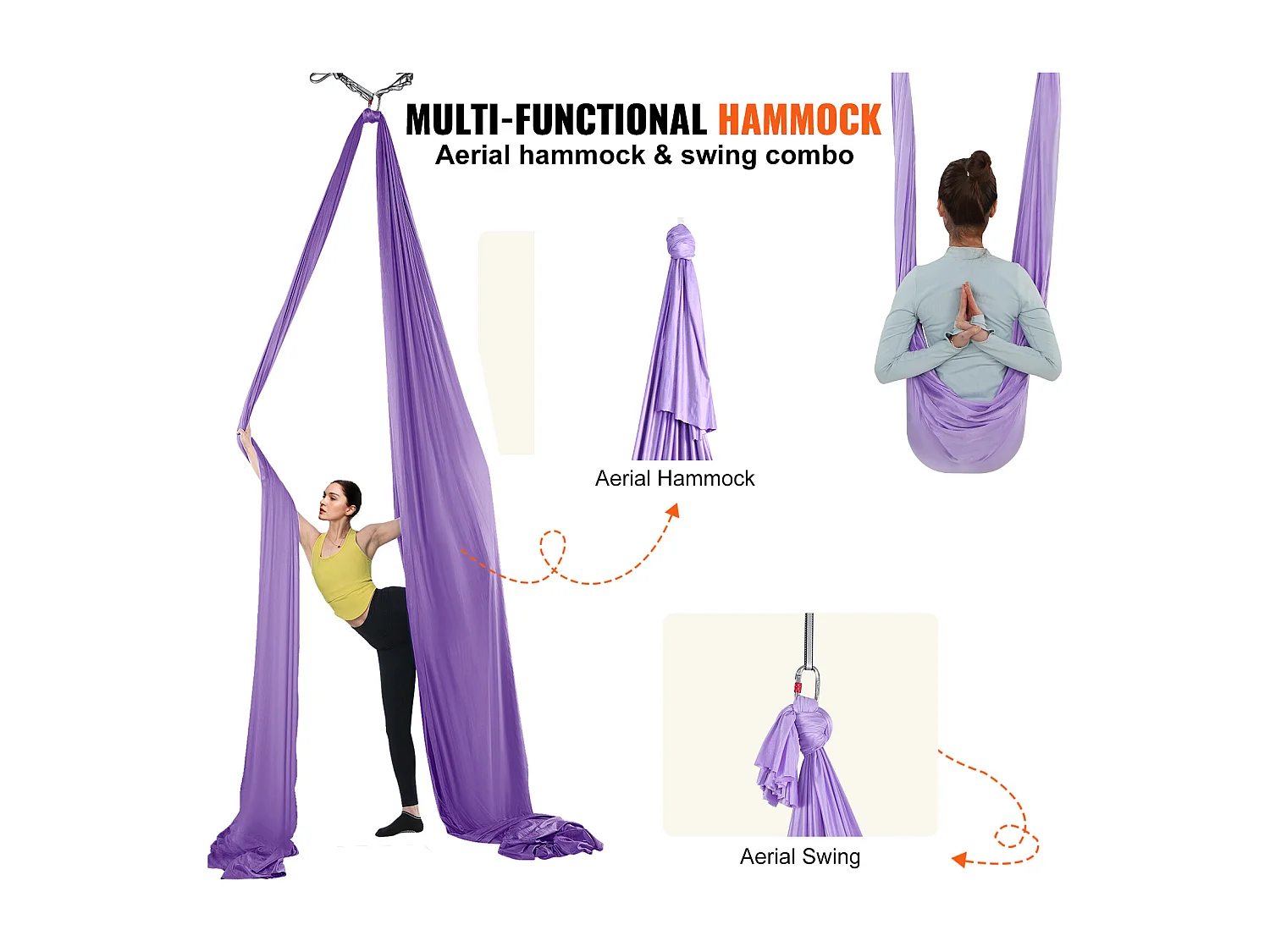 Yogahammock SucceBuy, Hammock en Lucht-Yoga-Schommel, 4,4 m, in Nylon, te Op hangen, Inversie, voor Spieropbouw, Fitness, Viool