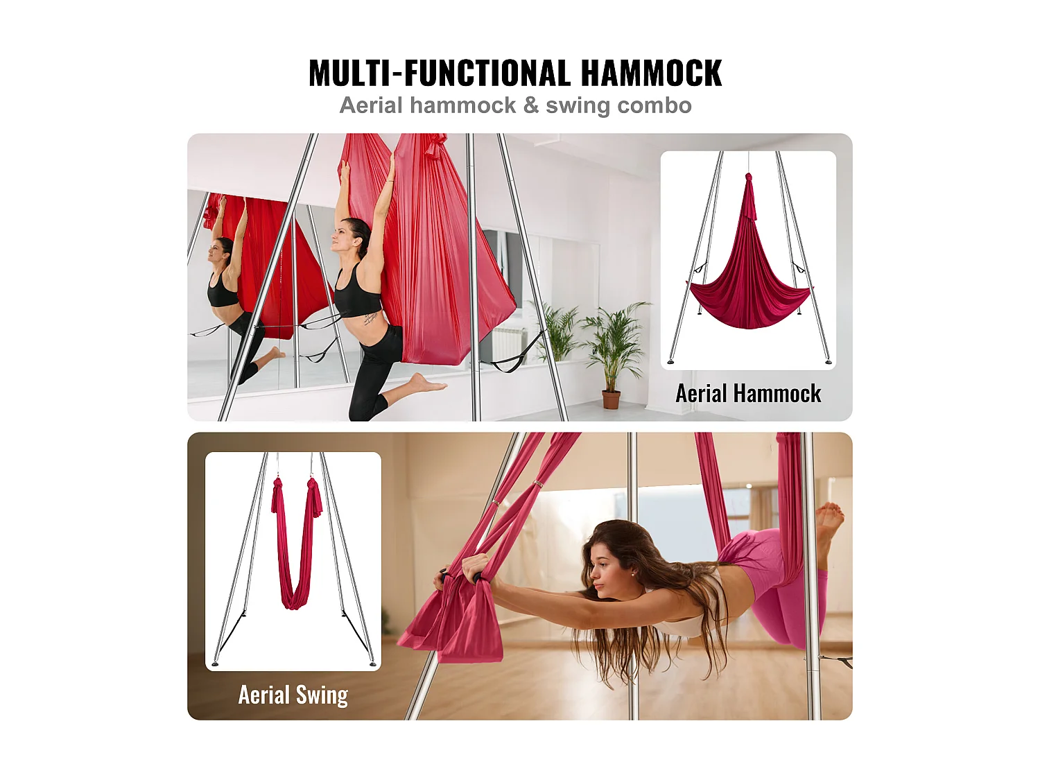 Hamac de Yoga SucceBuy, Cadre de Yoga Aérien et Hamac de Yoga, Charge de 250 kg, Hamac en Soie Aérienne, Rouge