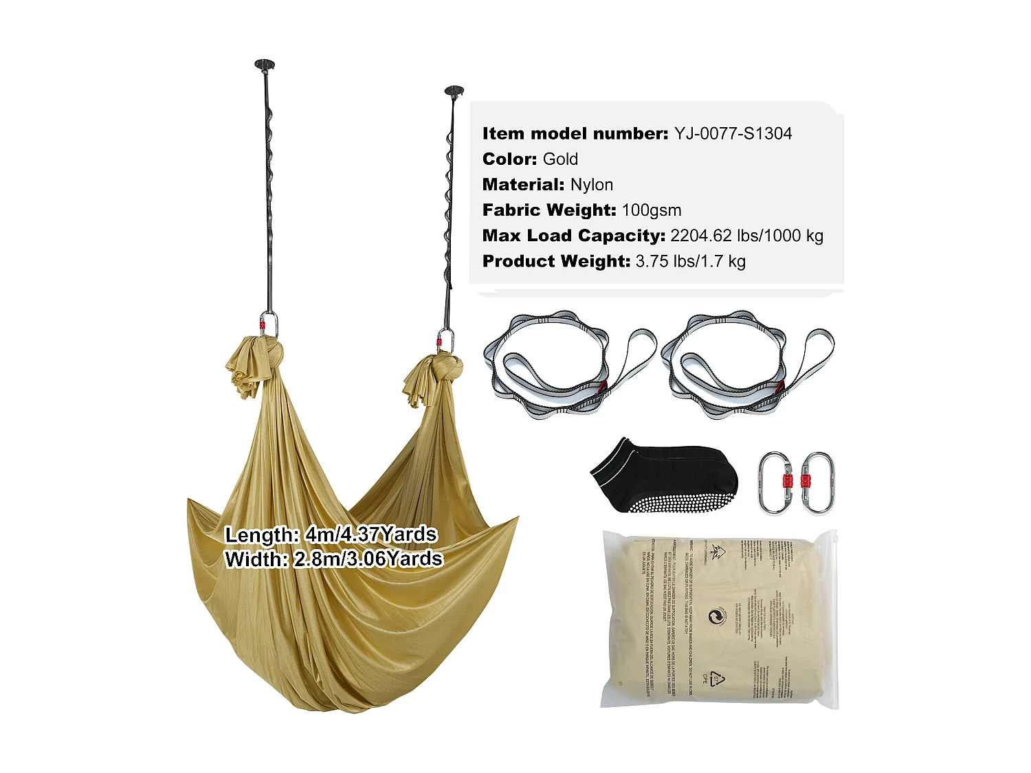 Hamac de Yoga SucceBuy, Hamac et Balançoire de Yoga Aérien, 4,4 m, Nylon, Doré, Kit d'Inversion de Remise en Forme, pour Musculation, Fitness