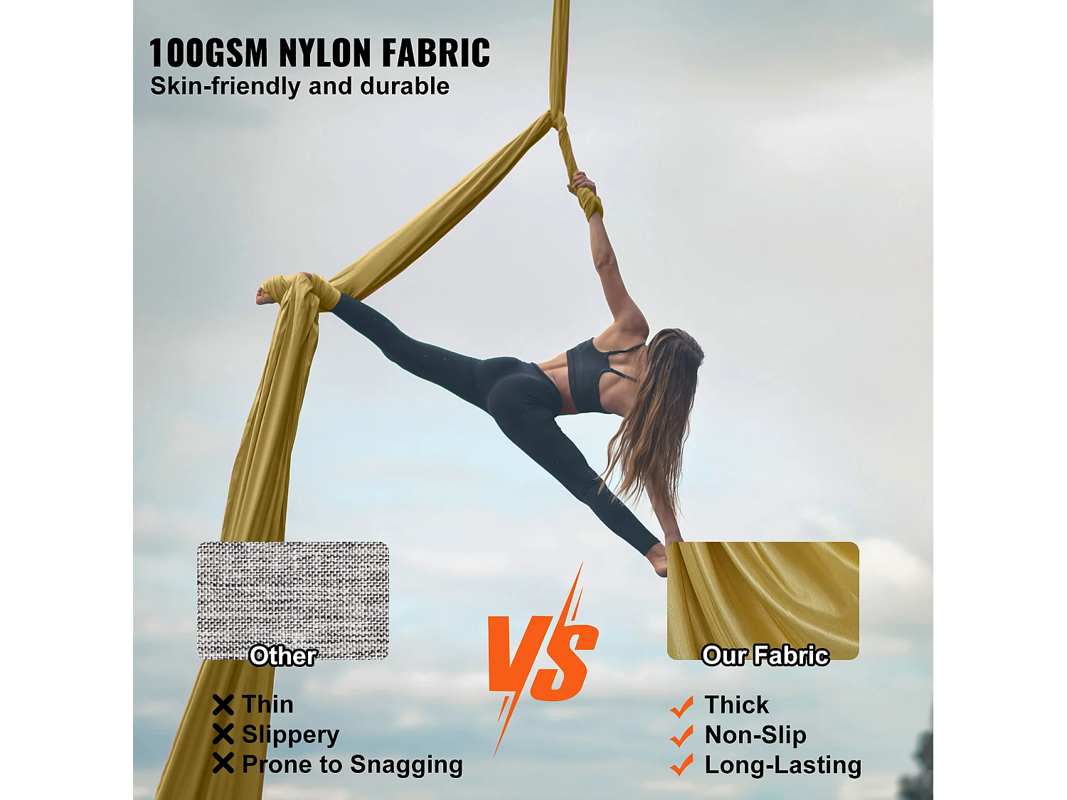 Hamac de Yoga SucceBuy, Hamac et Balançoire de Yoga Aérien, 4,4 m, Nylon, Doré, Kit d'Inversion de Remise en Forme, pour Musculation, Fitness