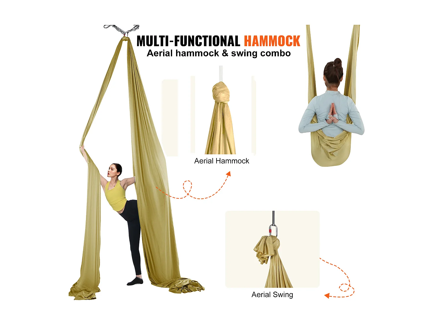 Hamac de Yoga SucceBuy, Hamac et Balançoire de Yoga Aérien, 4,4 m, Nylon, Doré, Kit d'Inversion de Remise en Forme, pour Musculation, Fitness