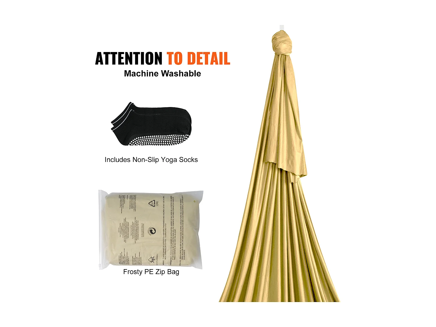 Hamac de Yoga SucceBuy, Hamac et Balançoire de Yoga Aérien, 4,4 m, Nylon, Doré, Kit d'Inversion de Remise en Forme, pour Musculation, Fitness