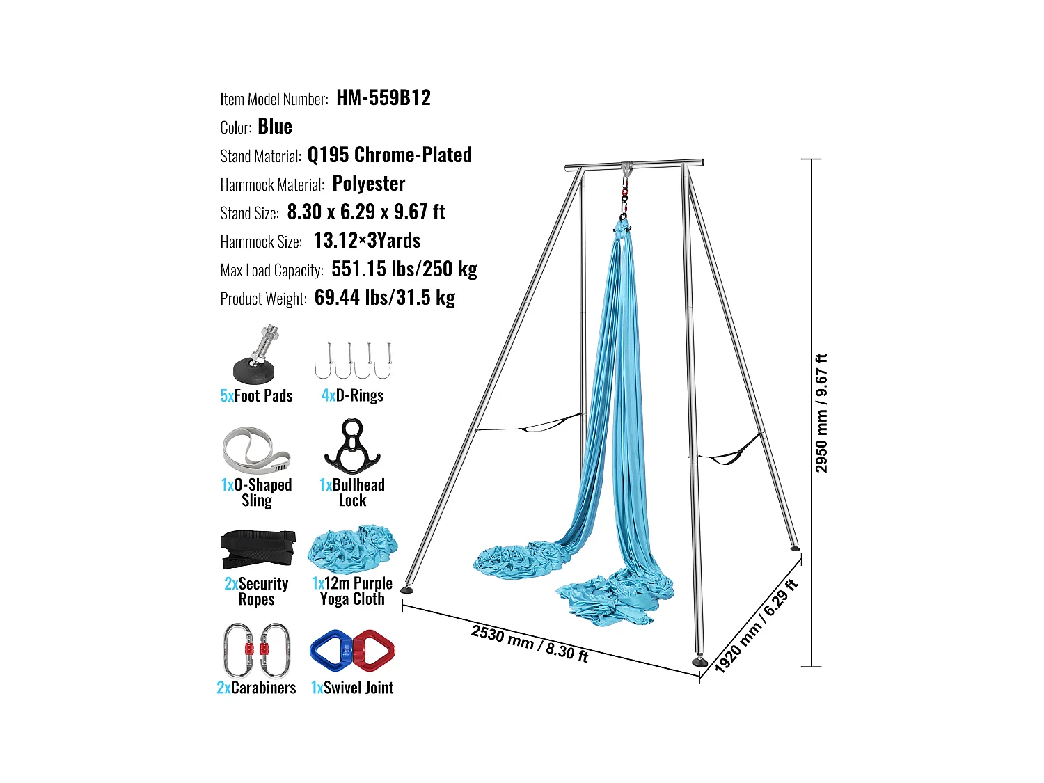 Hamac de Yoga SucceBuy, Cadre et Hamac de Yoga Aérien, Charge de 250 kg, Kit de Hamac Aérien, pour le Yoga Intérieur et Extérieur, Bleu
