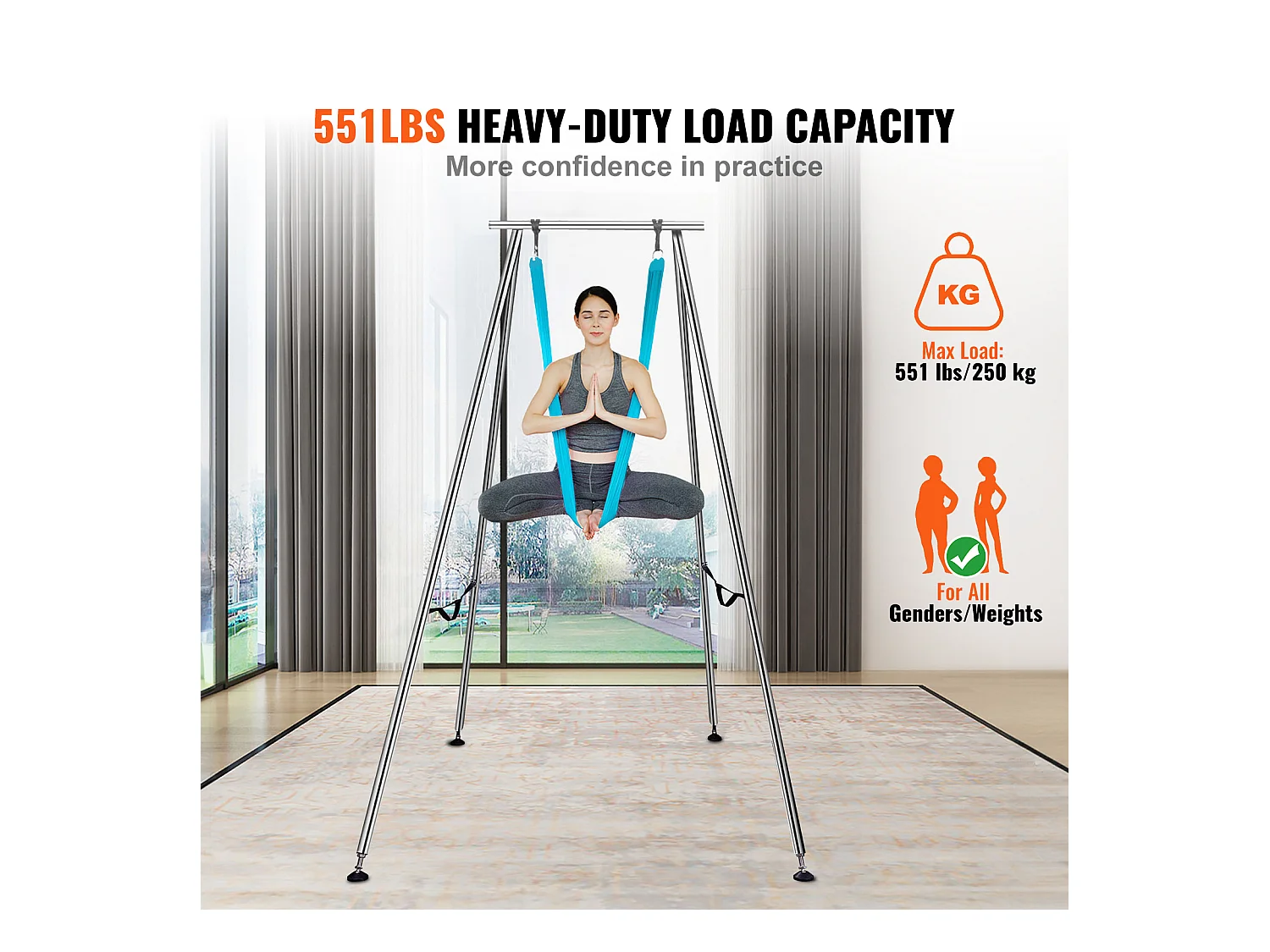 Hamac de Yoga SucceBuy, Cadre et Hamac de Yoga Aérien, Charge de 250 kg, Kit de Hamac Aérien, pour le Yoga Intérieur et Extérieur, Bleu