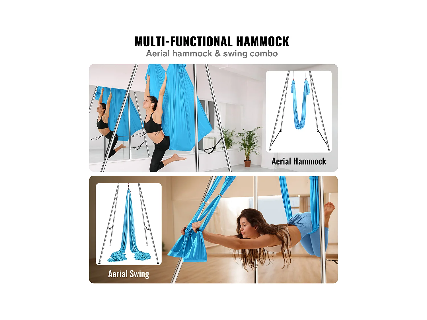 Hamac de Yoga SucceBuy, Cadre et Hamac de Yoga Aérien, Charge de 250 kg, Kit de Hamac Aérien, pour le Yoga Intérieur et Extérieur, Bleu