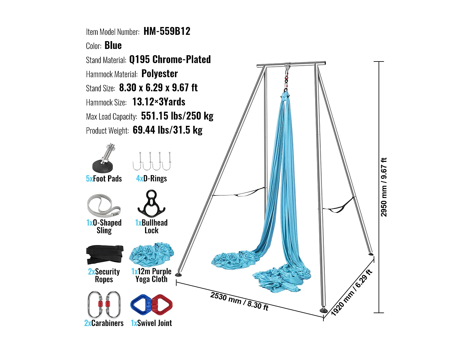 Hamac de Yoga SucceBuy, Cadre et Hamac de Yoga Aérien, Charge de 250 kg, Kit de Hamac Aérien, pour le Yoga Intérieur et Extérieur, Bleu