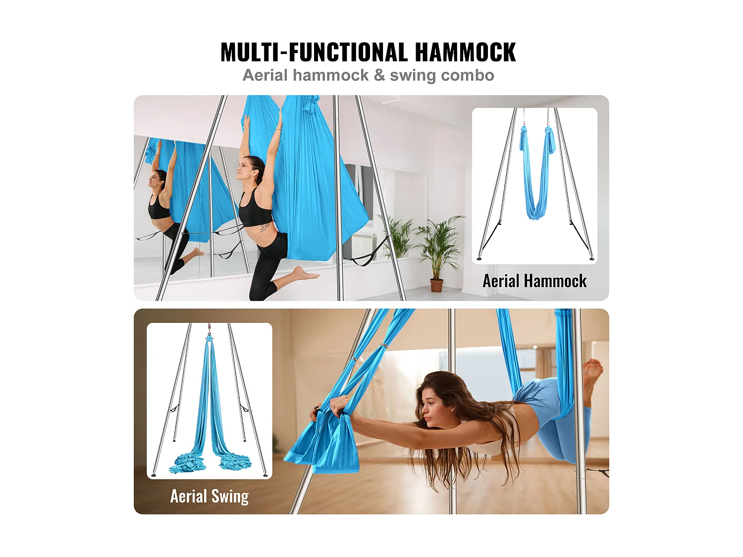 Hamac de Yoga SucceBuy, Cadre et Hamac de Yoga Aérien, Charge de 250 kg, Kit de Hamac Aérien, pour le Yoga Intérieur et Extérieur, Bleu