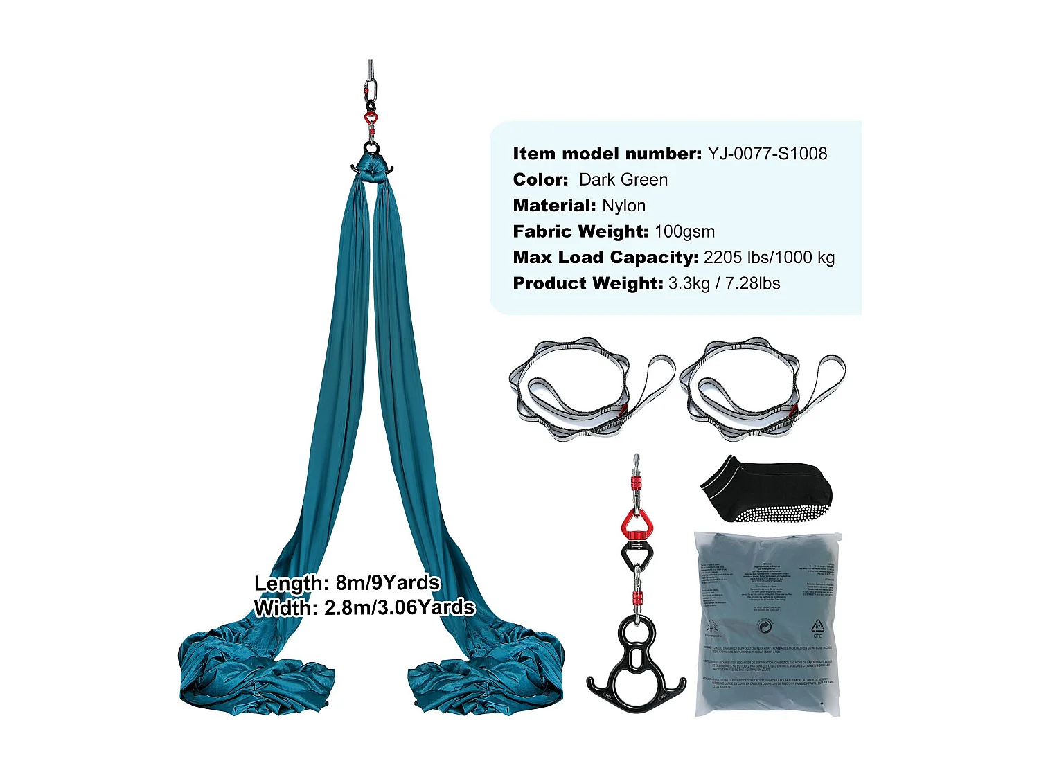 Hammock Yoga SucceBuy 8,7 m, Hammock Trapeze per Inversione, in Seta Aerea, Verde