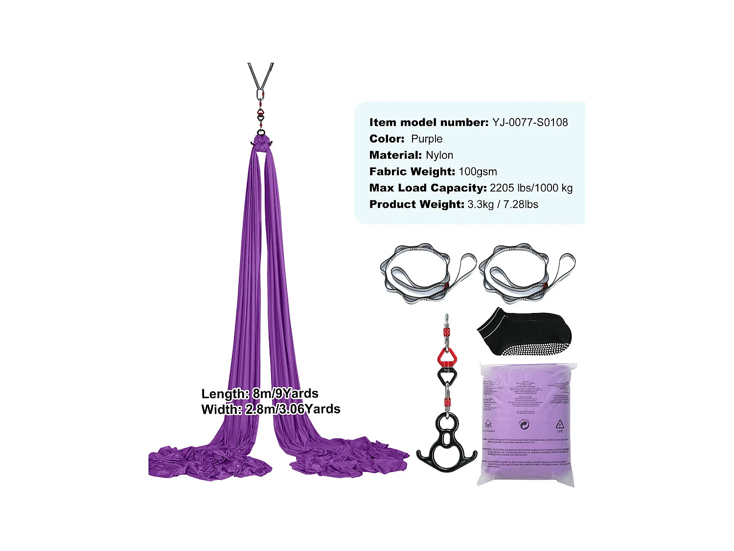 Hamac de Yoga SucceBuy, Balançoire Aérienne en Soie et Yoga, 8,7 m, Hamac Trapèze Inversion Fly, en Soie Aérienne, Violet