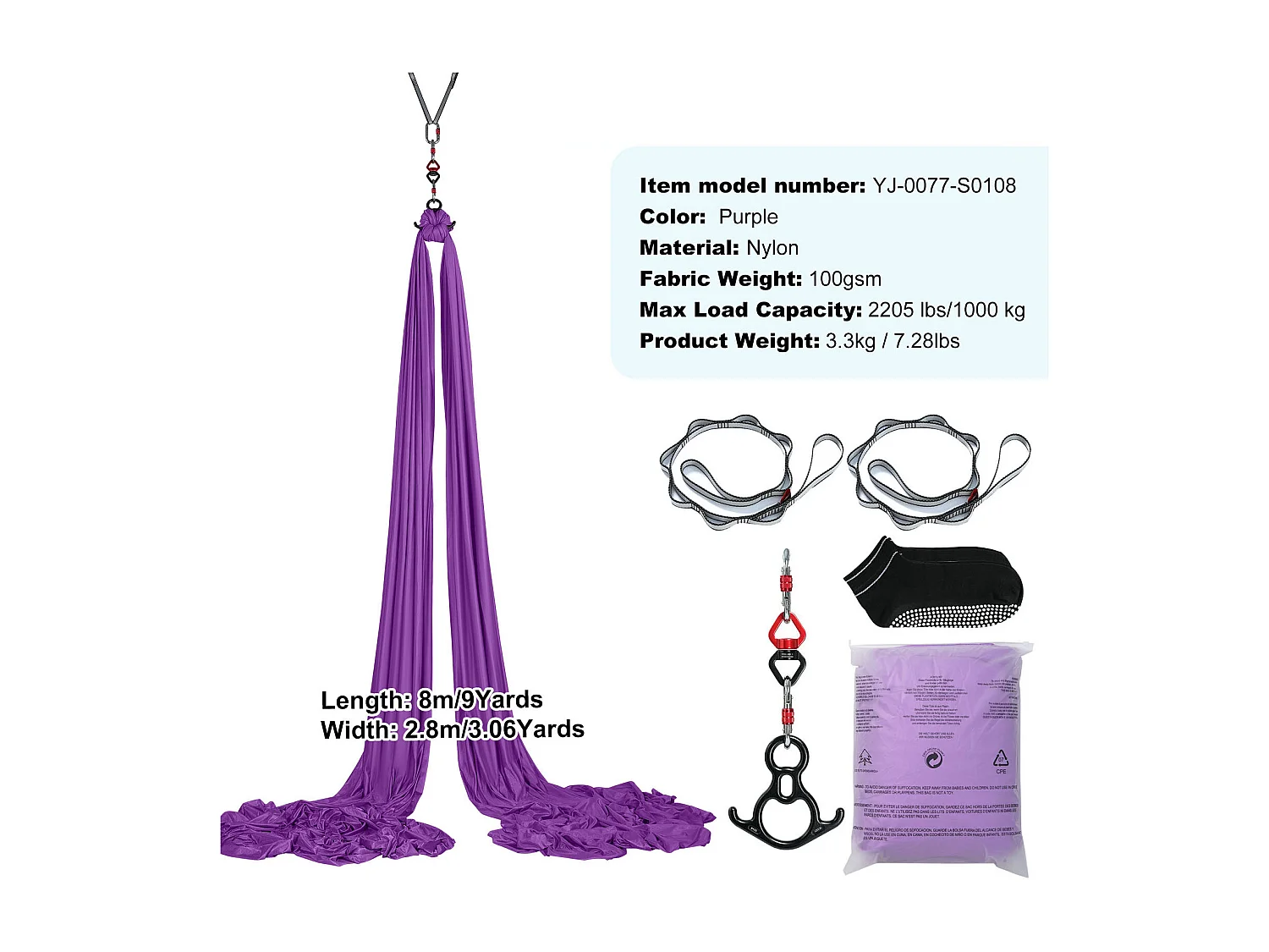 Amaca per Yoga SucceBuy, Altalena Aerea in Seta e Yoga, 8,7 m, Amaca a Trapezio Inversion Fly, in Seta Aerea, Viola