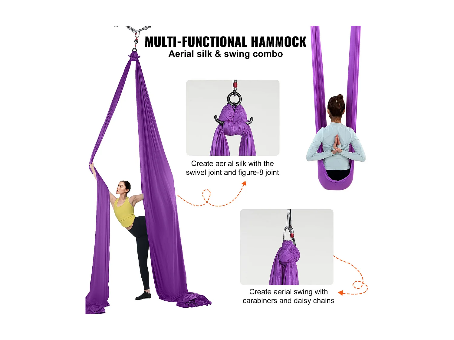 Amaca per Yoga SucceBuy, Altalena Aerea in Seta e Yoga, 8,7 m, Amaca a Trapezio Inversion Fly, in Seta Aerea, Viola