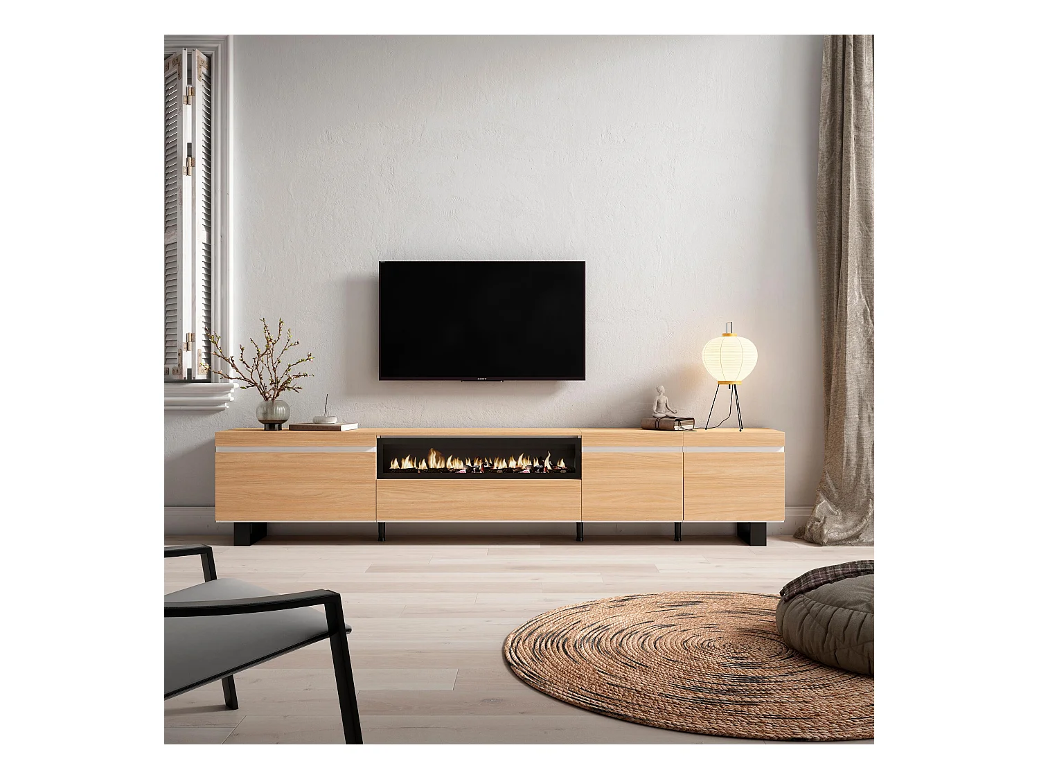 Meuble TV, Banc Télé, 288x35x57 cm, TV grand format, Cheminée électrique, Design industriel, Chêne soft et blanc